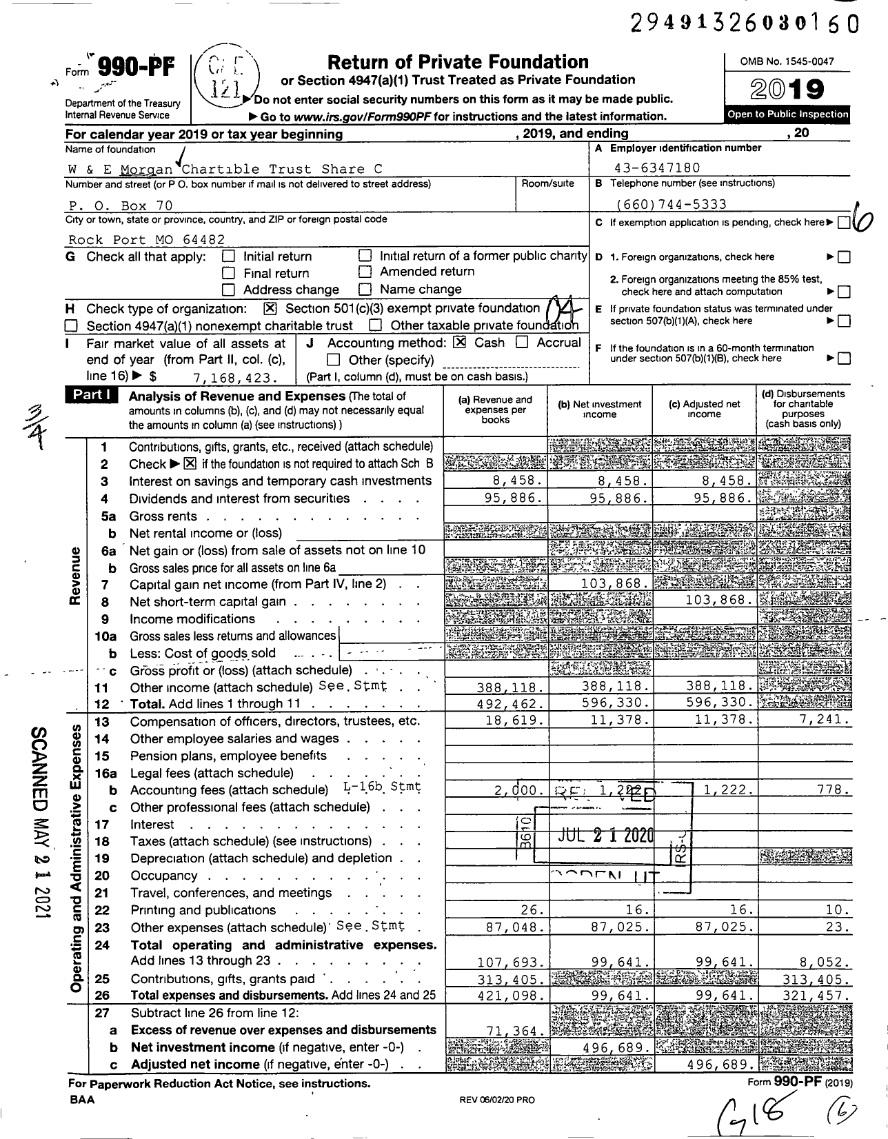 Image of first page of 2019 Form 990PF for W & E Morgan Charitable Trust Share C