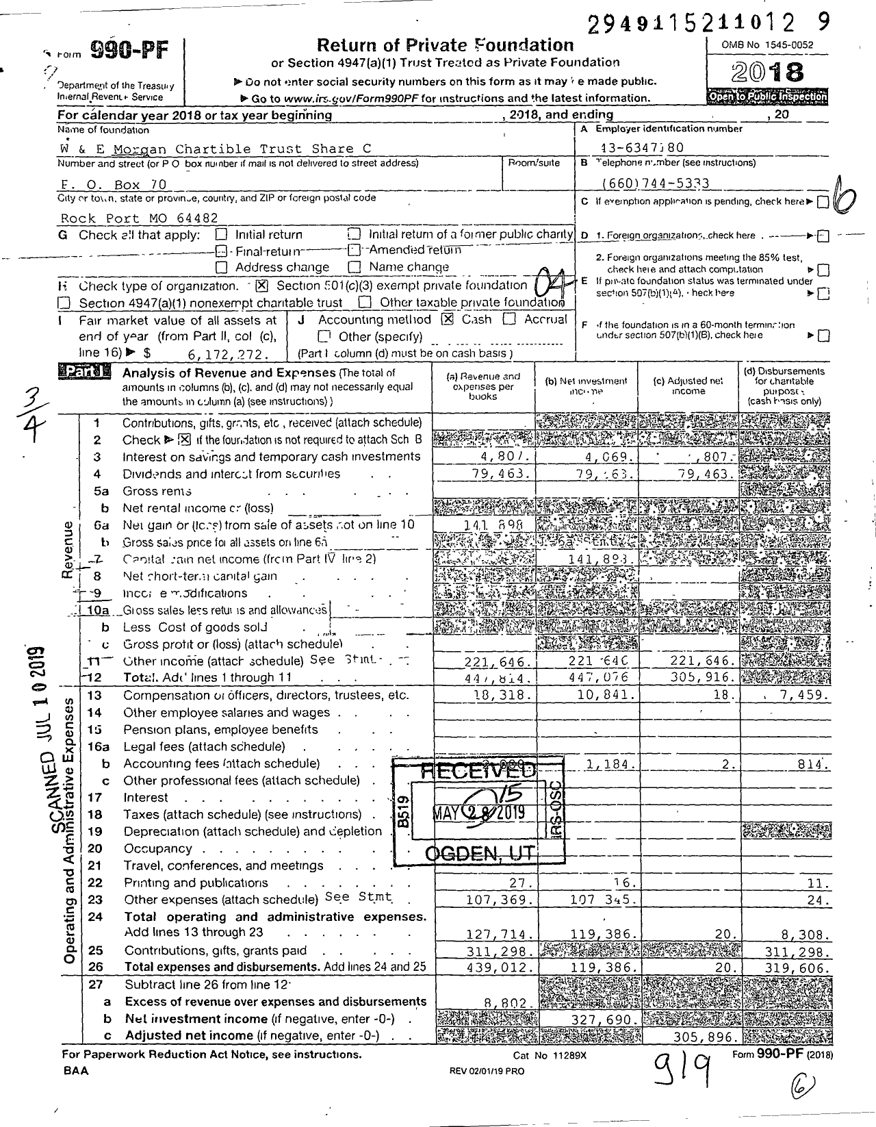 Image of first page of 2018 Form 990PF for W & E Morgan Chartible Trust Share C