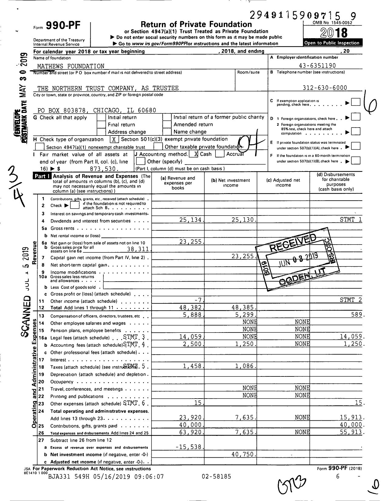 Image of first page of 2018 Form 990PF for Mathews Foundation