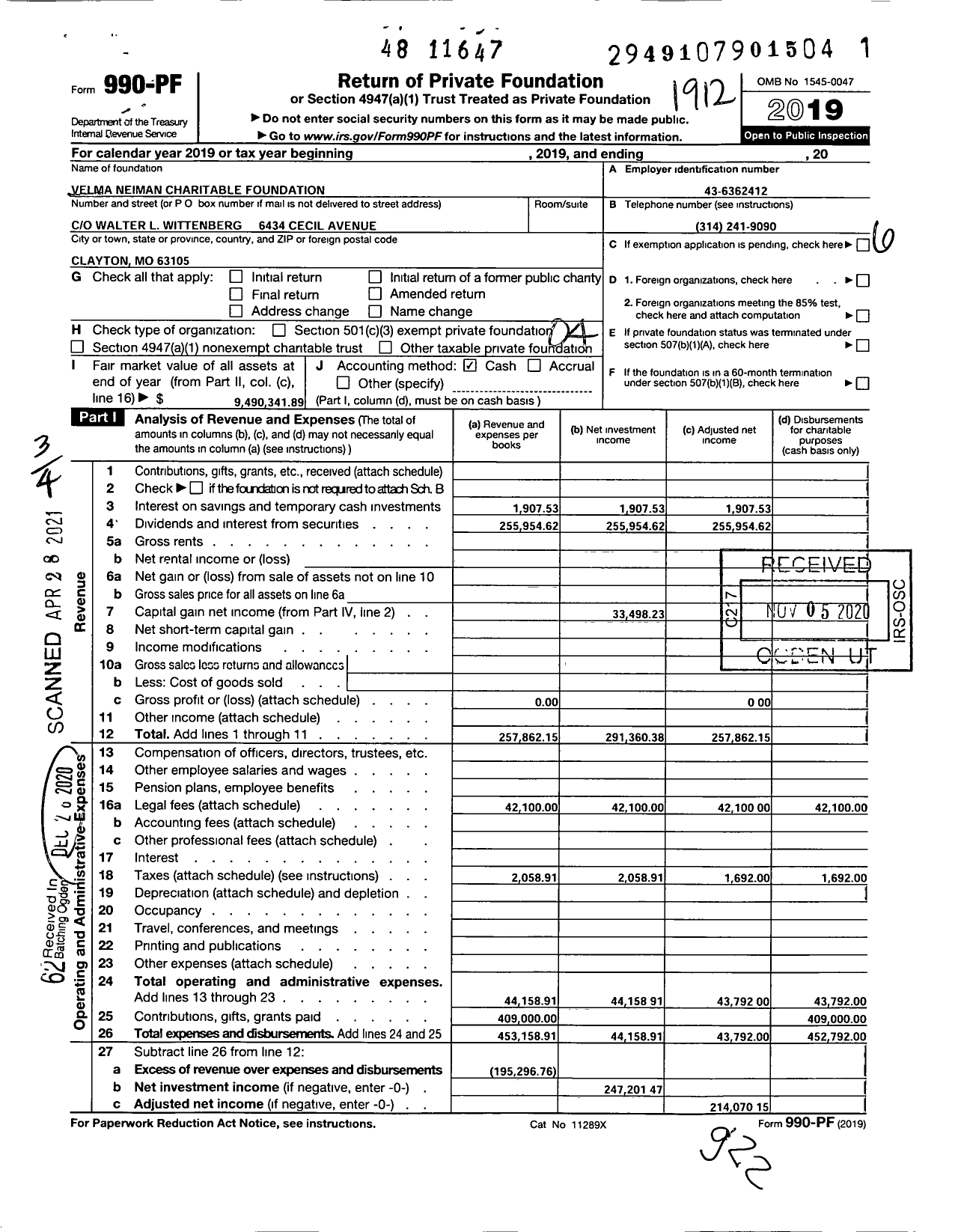 Image of first page of 2019 Form 990PF for Velma Neiman Charitable Foundation