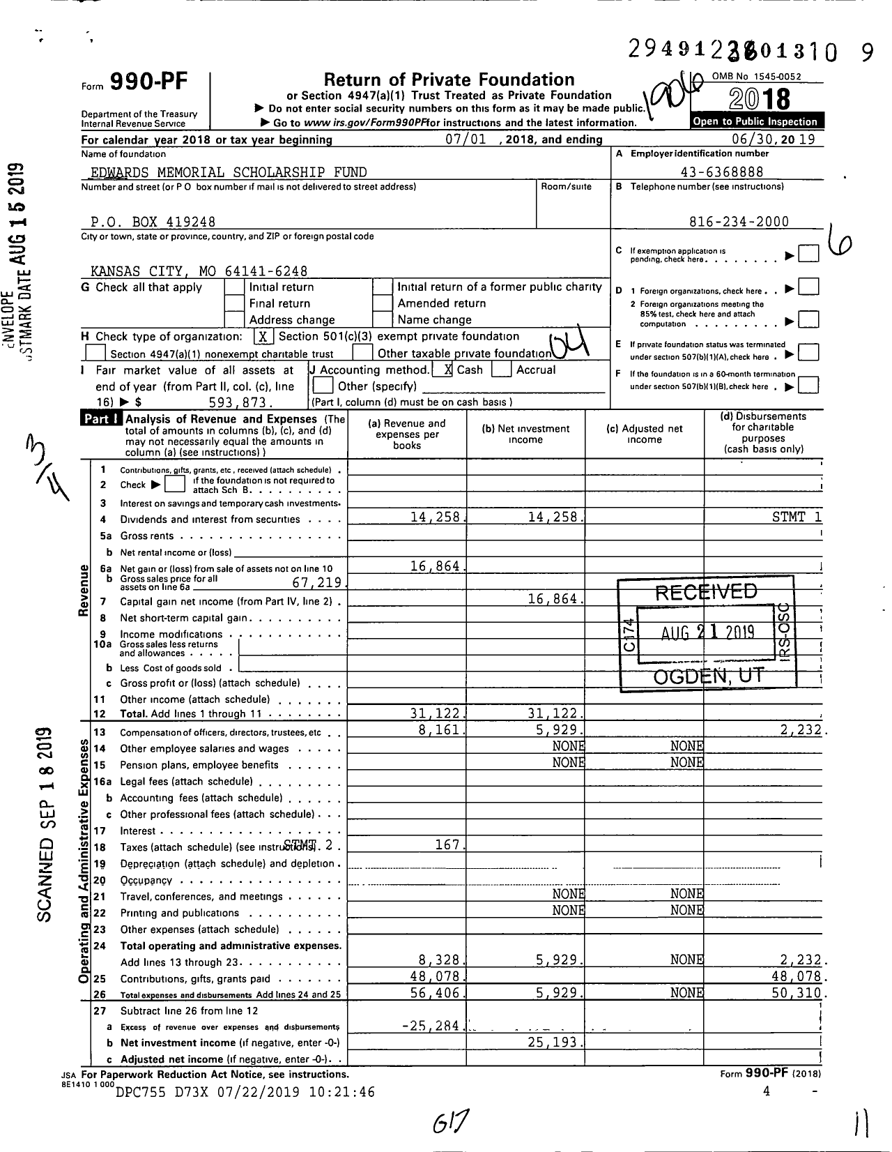 Image of first page of 2018 Form 990PF for Edwards Memorial Scholarship Fund