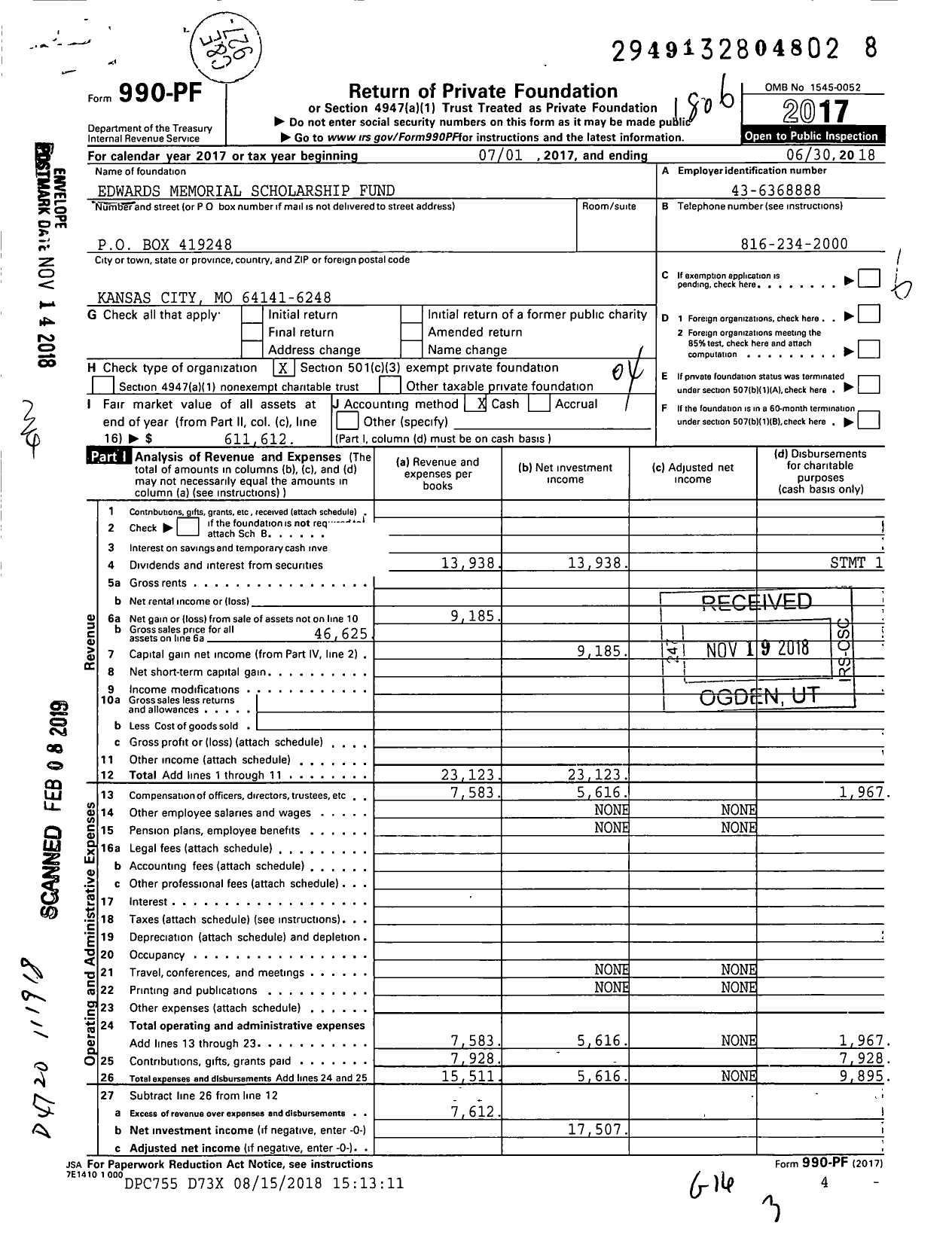 Image of first page of 2017 Form 990PF for Edwards Memorial Scholarship Fund