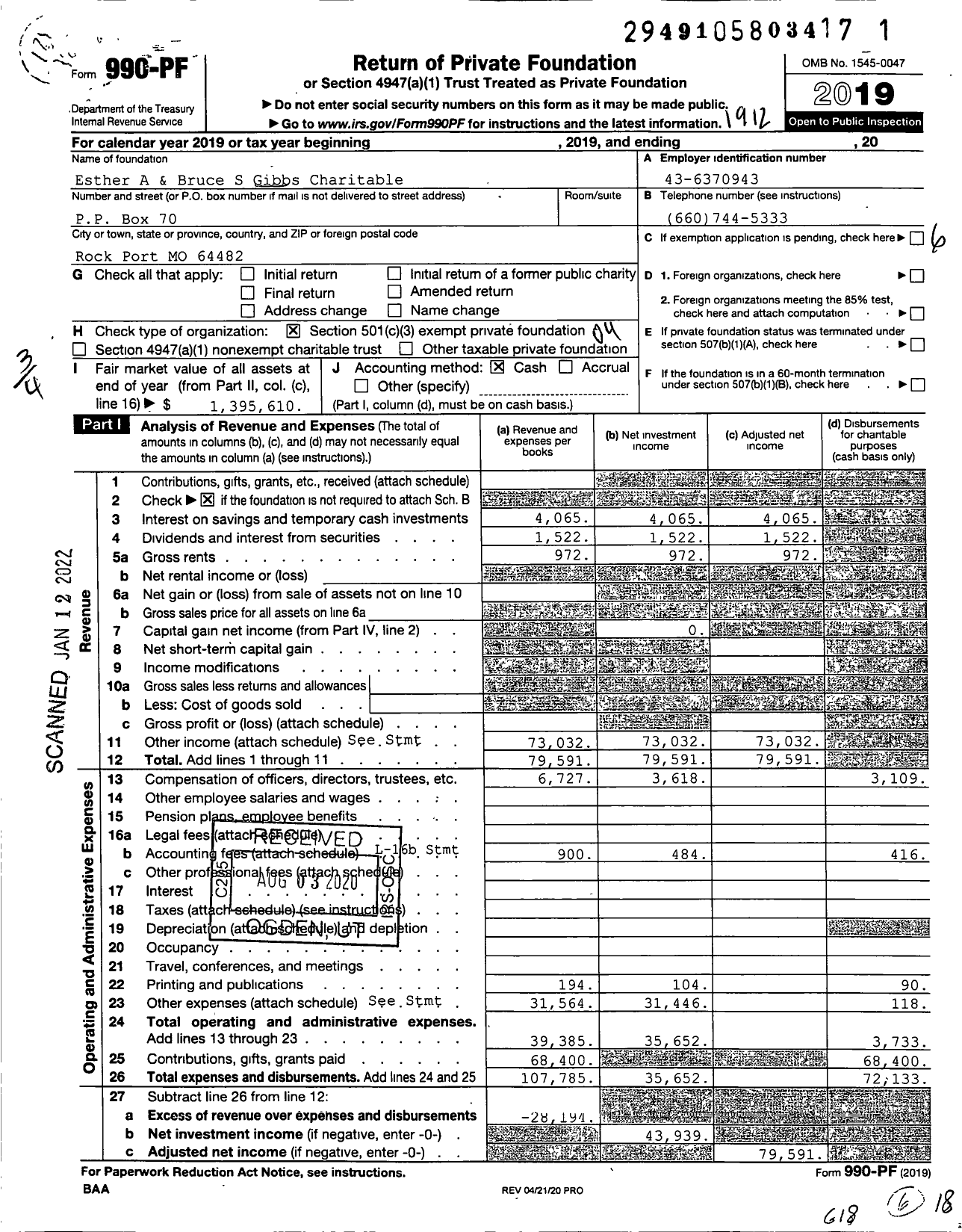 Image of first page of 2019 Form 990PF for Esther A & Bruce S Gibbs Charitable