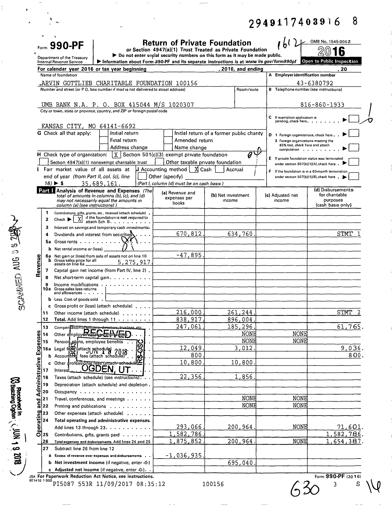 Image of first page of 2016 Form 990PF for Arvin Gottlieb Charitable Foundation 10015600