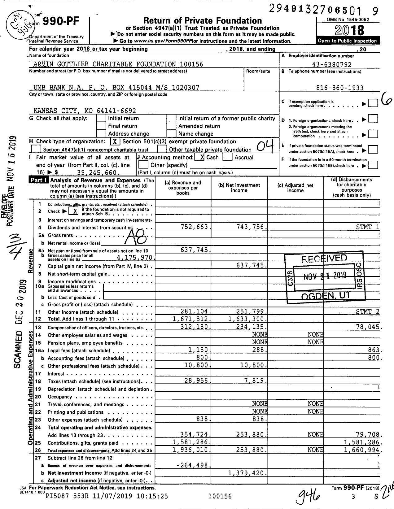 Image of first page of 2018 Form 990PF for Arvin Gottlieb Charitable Foundation 10015600