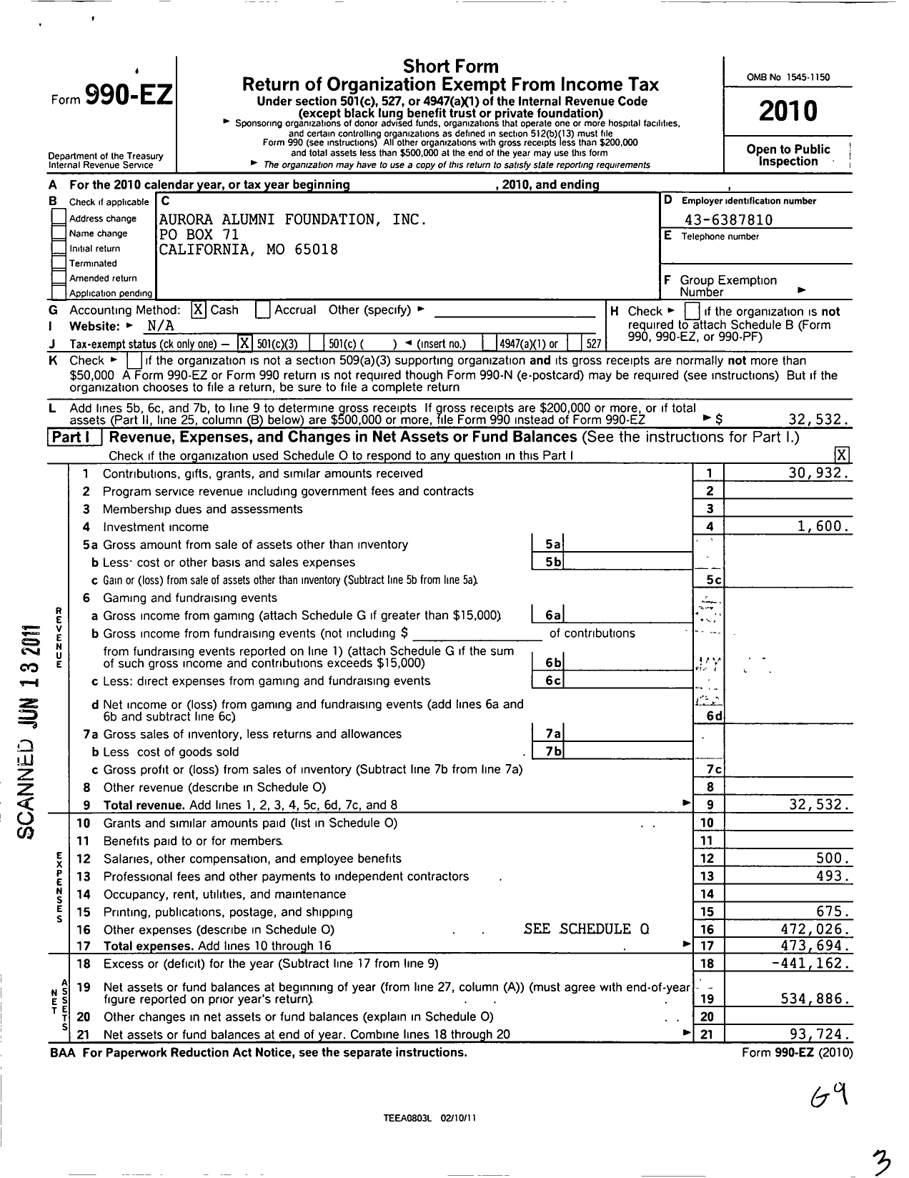 Image of first page of 2010 Form 990EZ for Aurora Alumni Foundation