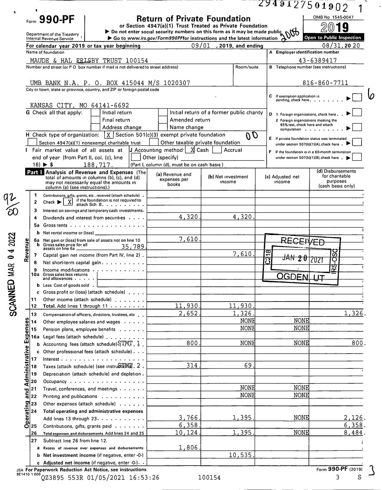 Image of first page of 2019 Form 990PF for Maude and Hal Frisby Trust 10015400