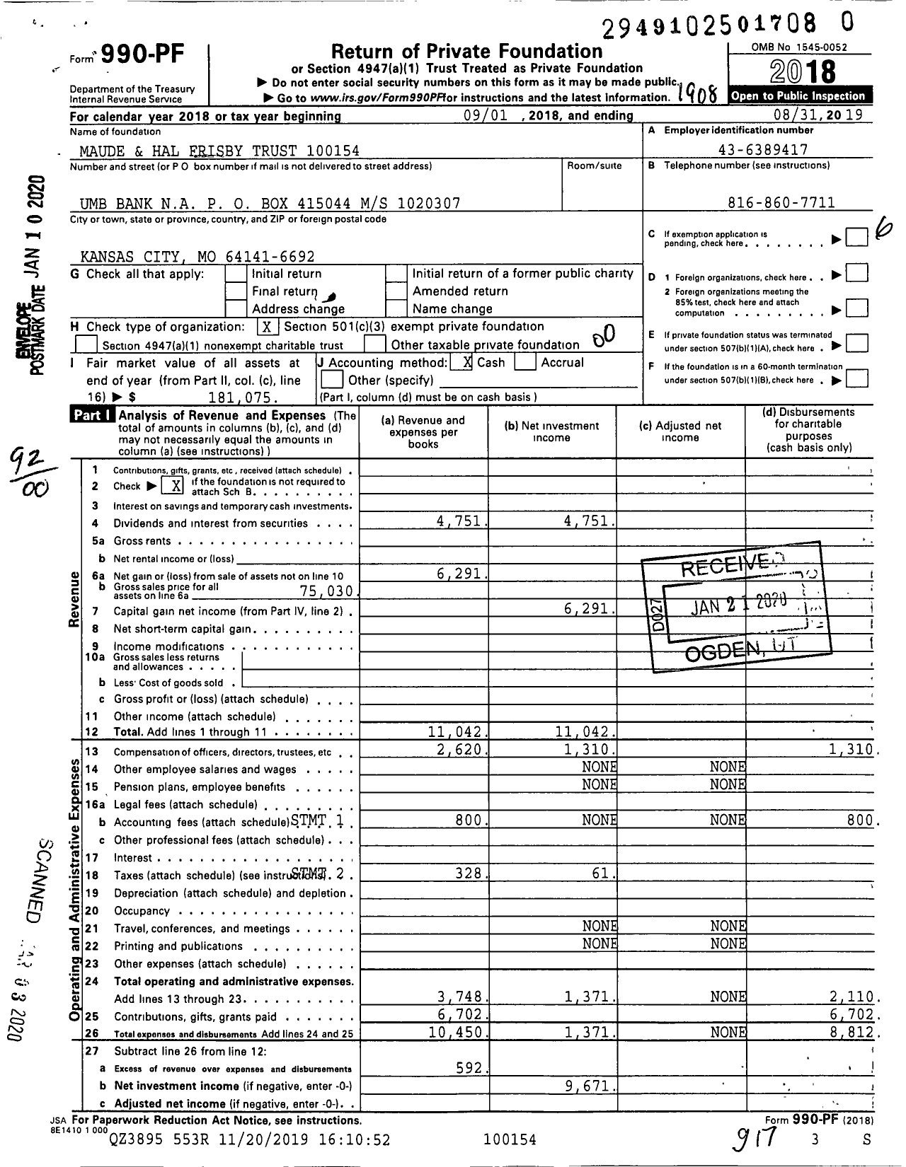 Image of first page of 2018 Form 990PR for Maude and Hal Frisby Trust 10015400