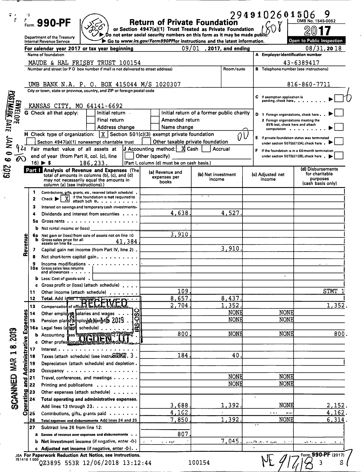 Image of first page of 2017 Form 990PF for Maude and Hal Frisby Trust 10015400