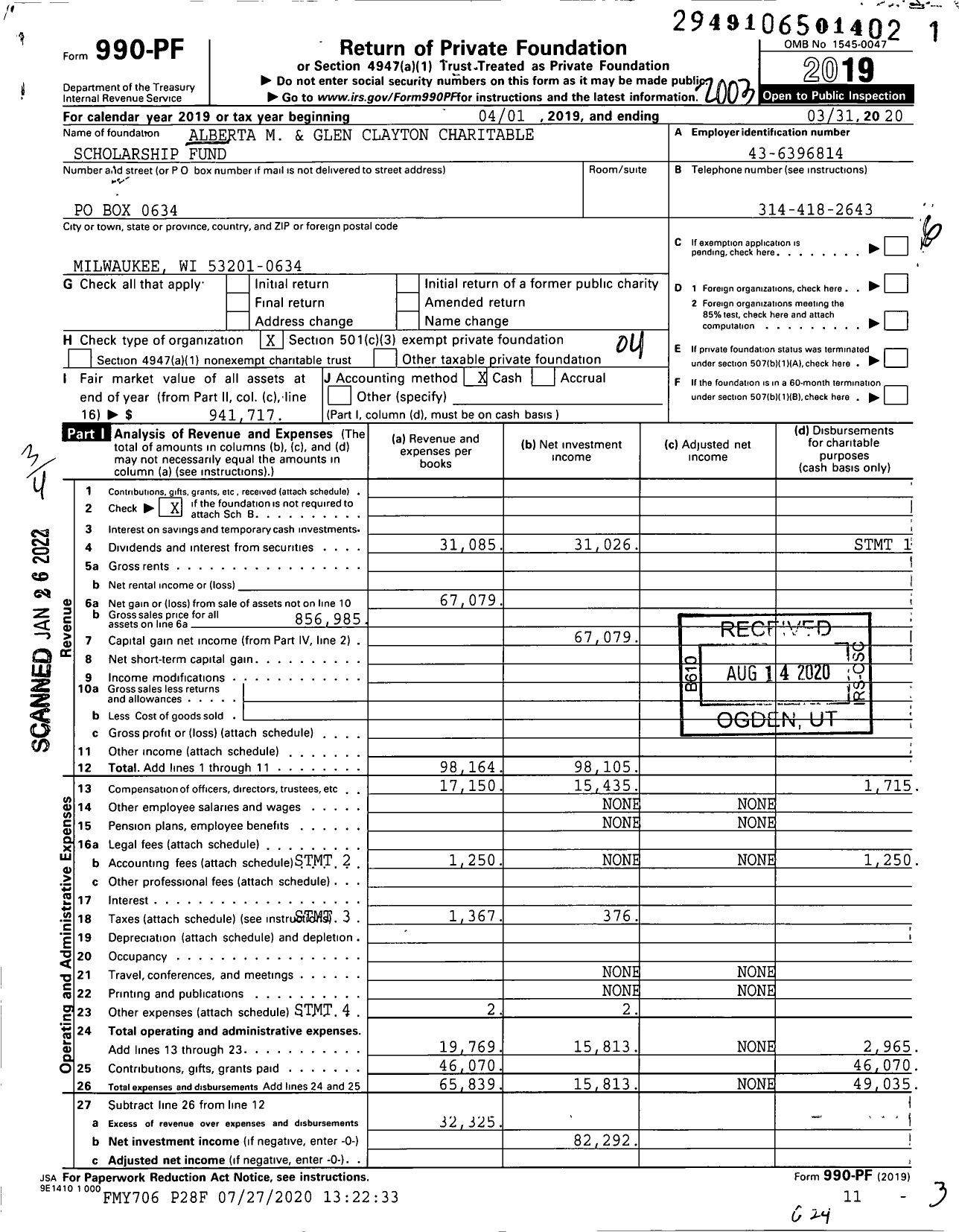 Image of first page of 2019 Form 990PF for Alberta M and Glen Clayton Charitable