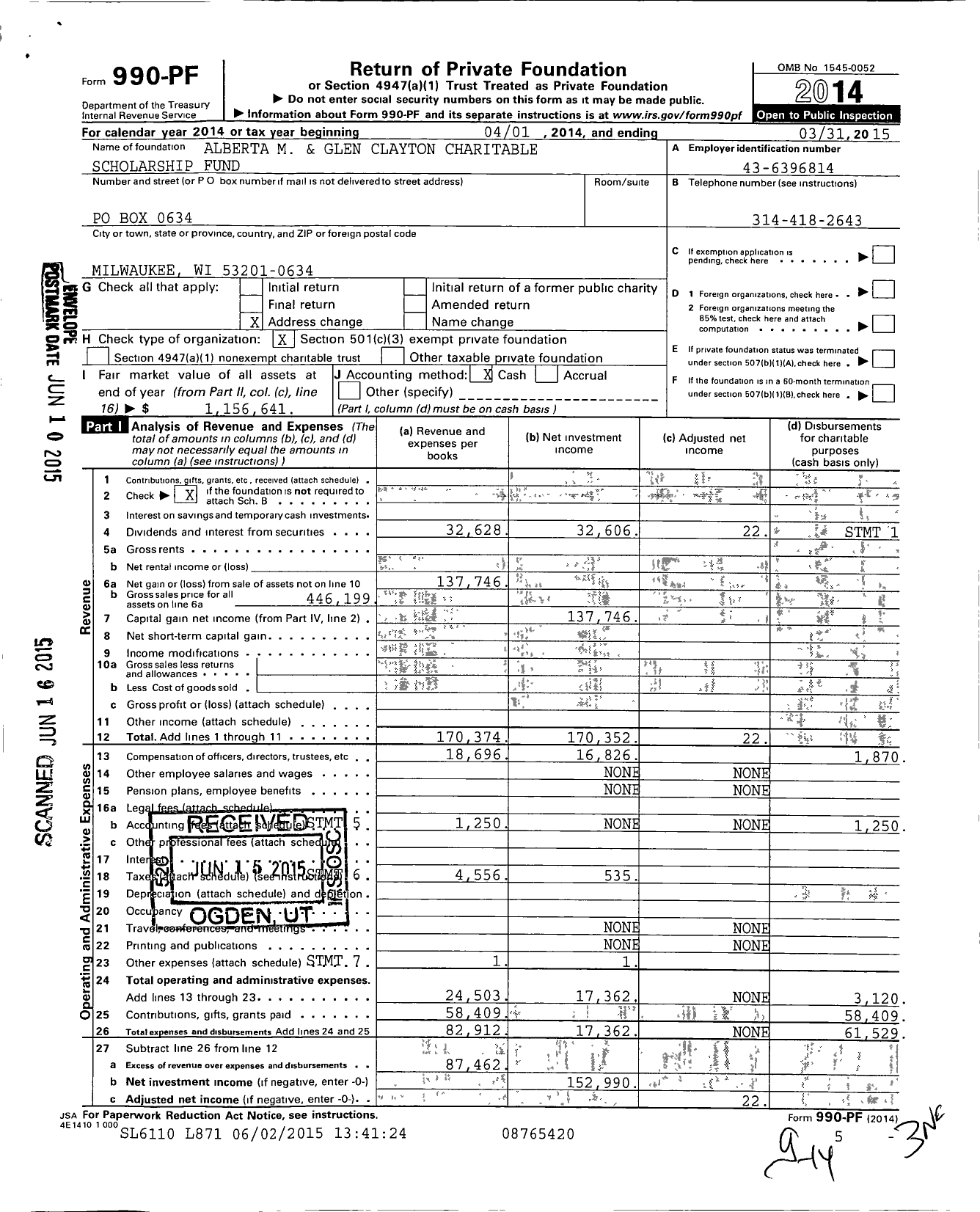 Image of first page of 2014 Form 990PF for Alberta M and Glen Clayton Charitable