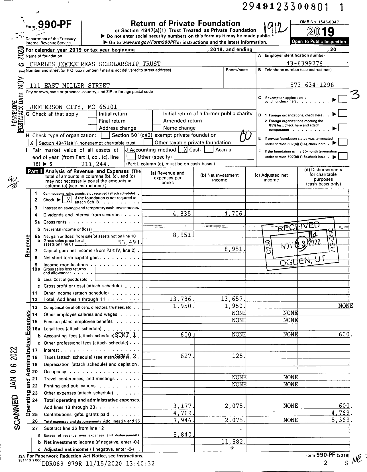 Image of first page of 2019 Form 990PF for Charles Cockelreas Scholarship Trust