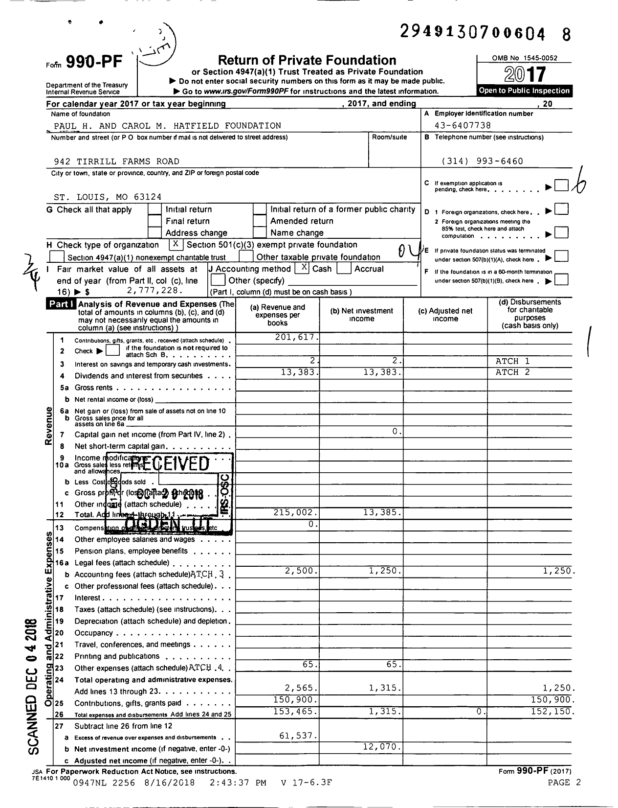 Image of first page of 2017 Form 990PF for Paul H and Carol M Hatfield Foundation