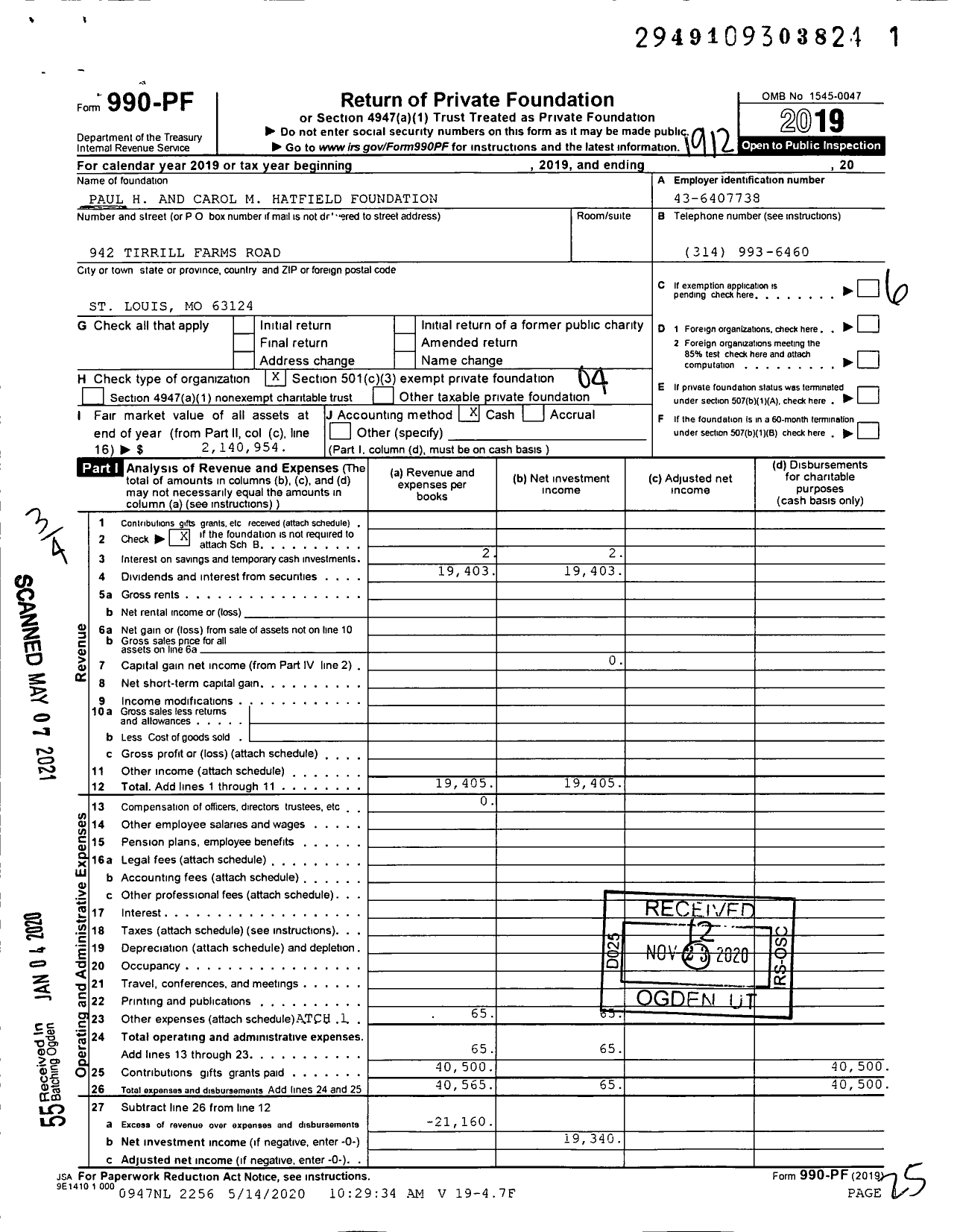 Image of first page of 2019 Form 990PF for Paul H and Carol M Hatfield Foundation