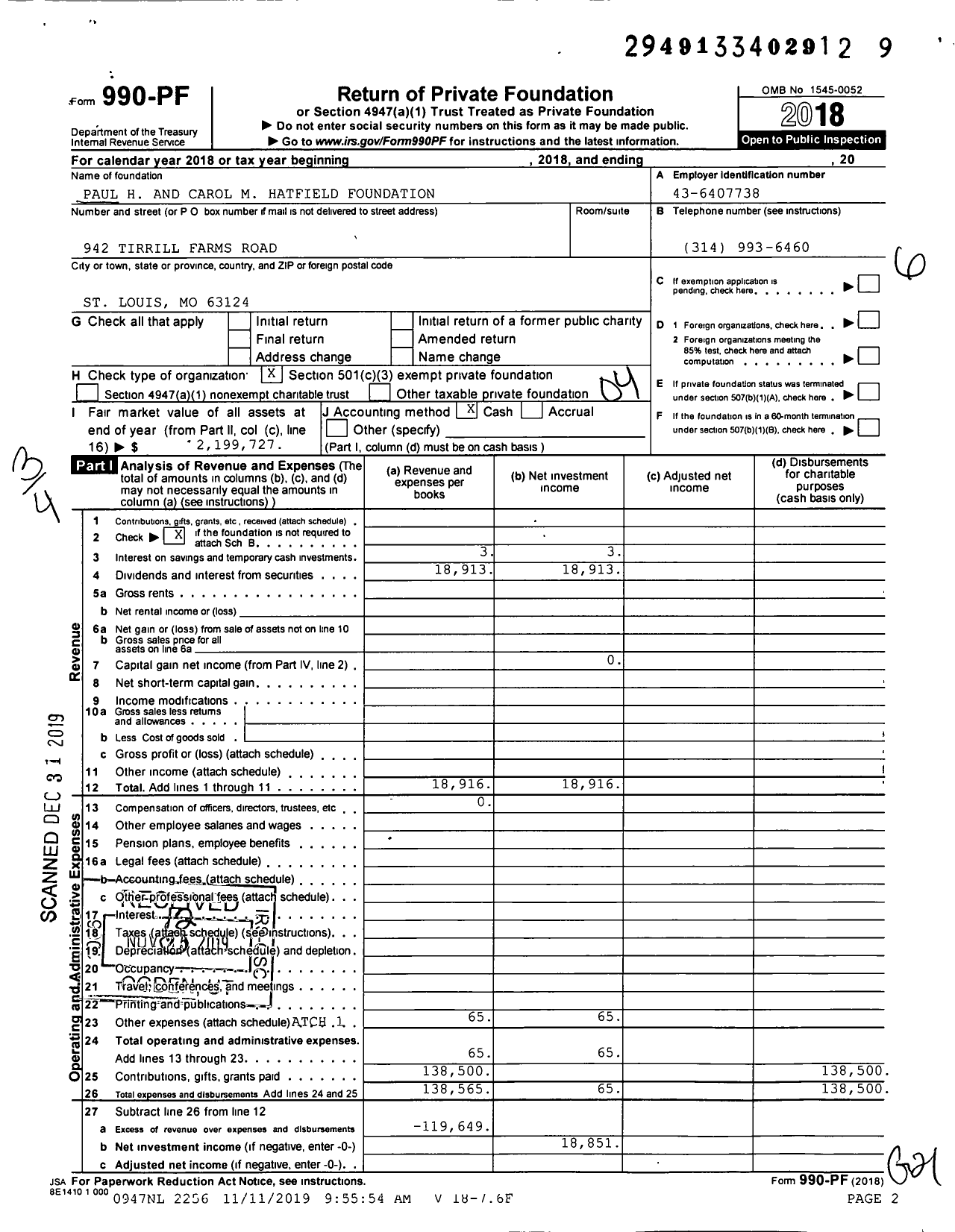 Image of first page of 2018 Form 990PF for Paul H and Carol M Hatfield Foundation