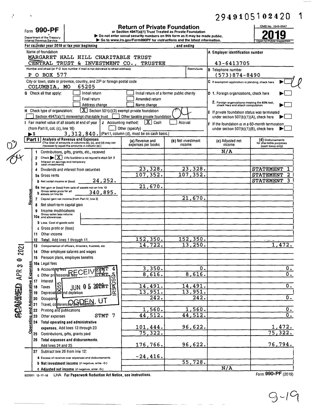 Image of first page of 2019 Form 990PF for Margaret Hall Hill Charitable Trust
