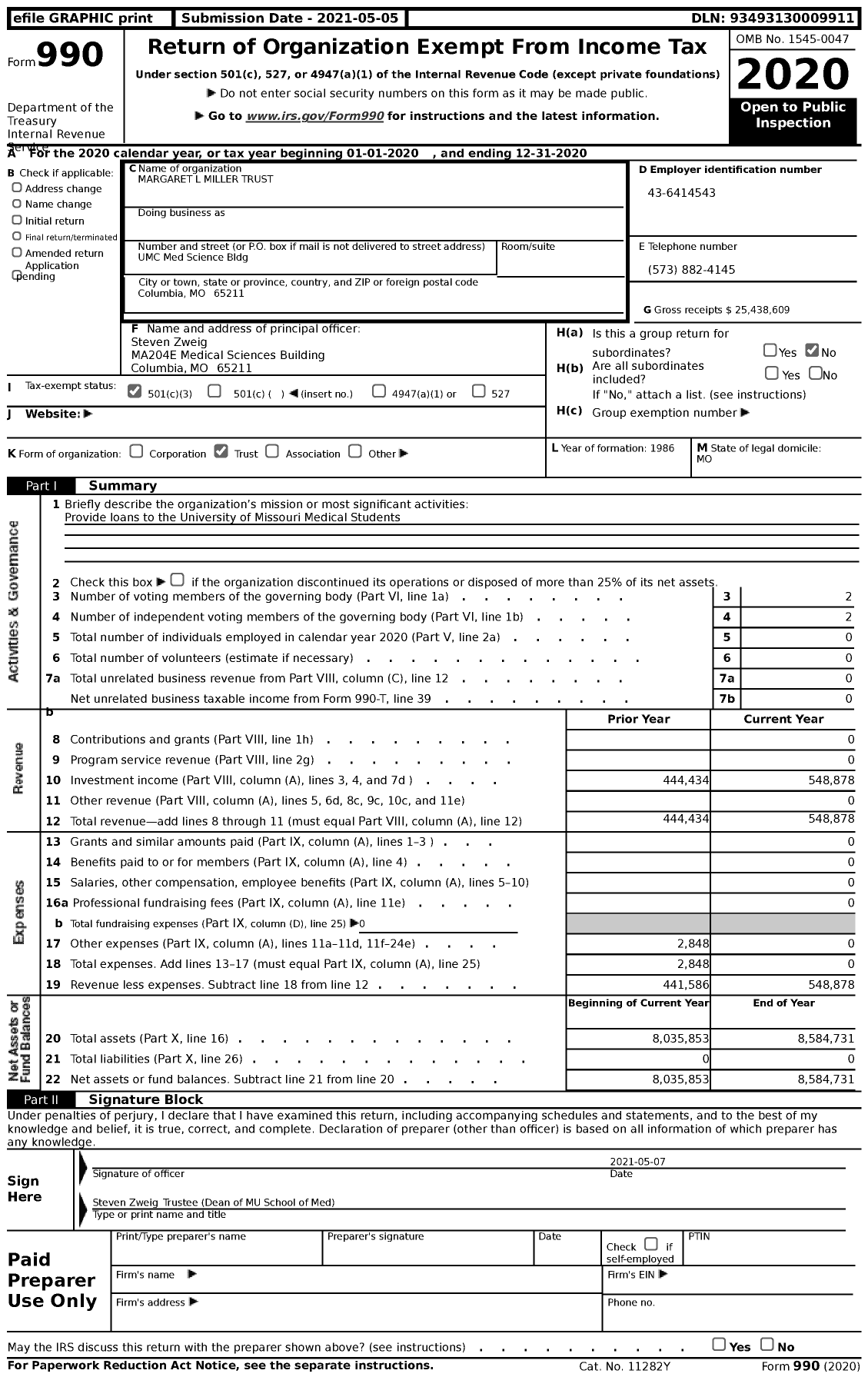 Image of first page of 2020 Form 990 for Margaret L Miller Trust