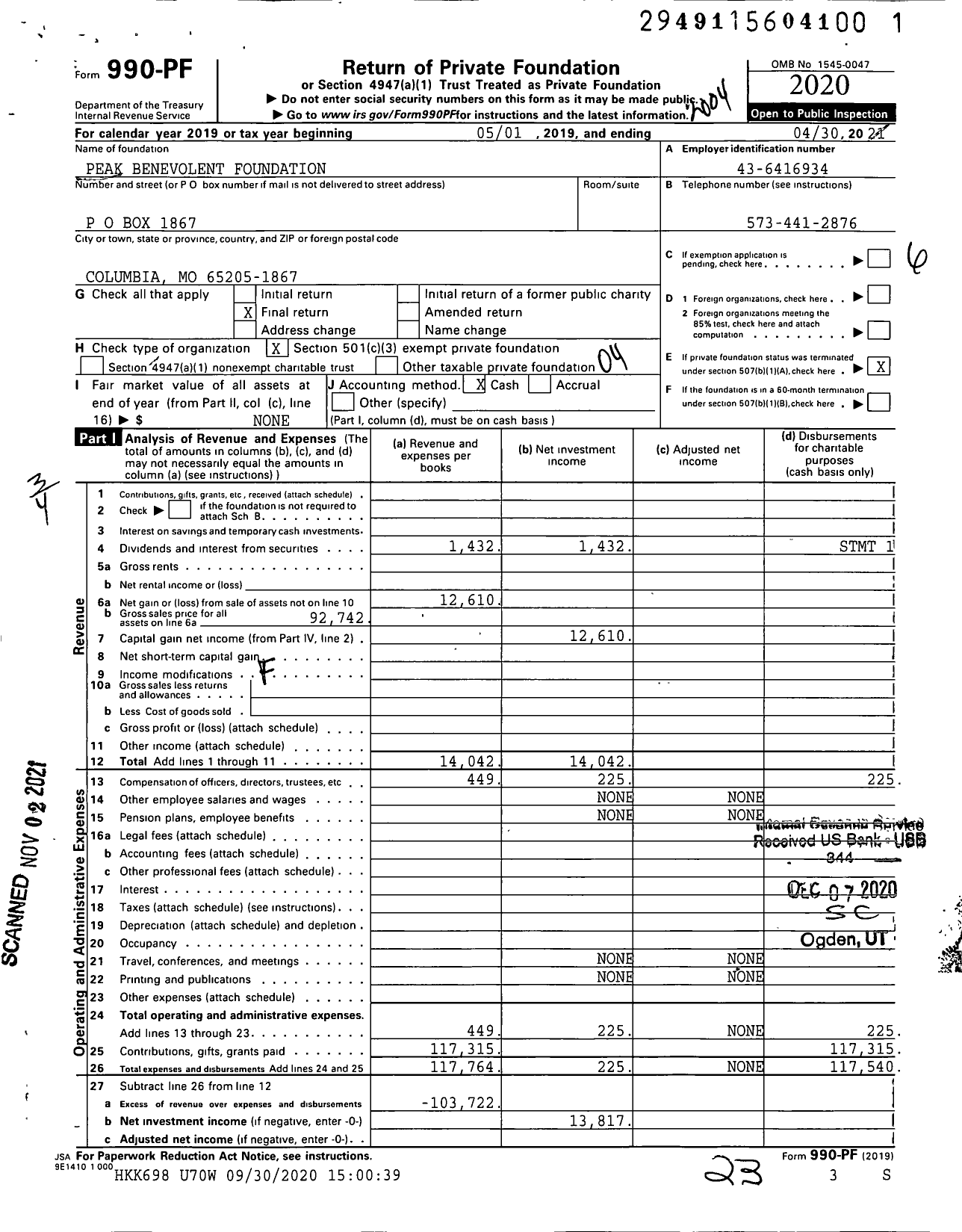 Image of first page of 2019 Form 990PF for Peak Benevolent Foundation