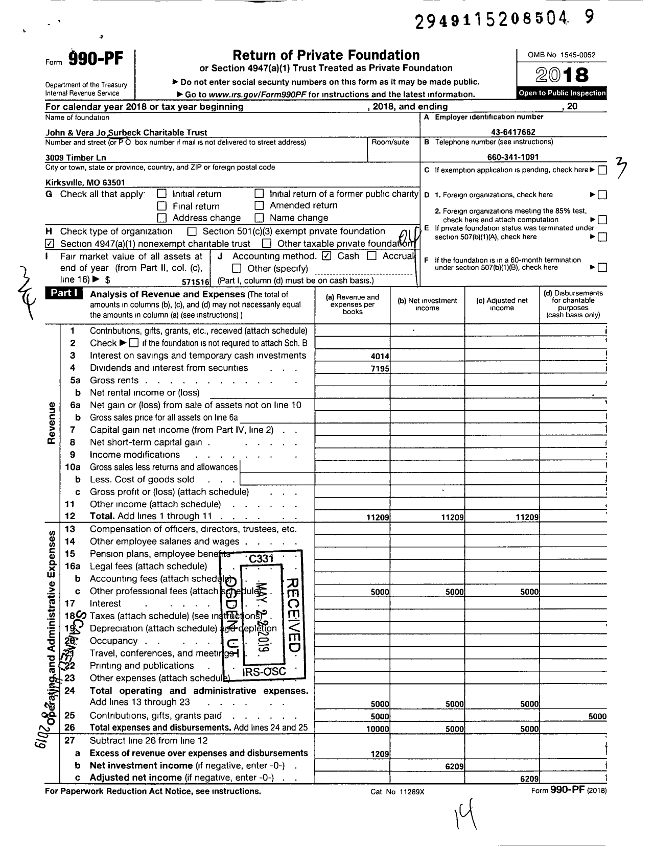 Image of first page of 2018 Form 990PF for John and Vera Jo Surbeck Charitable Trust