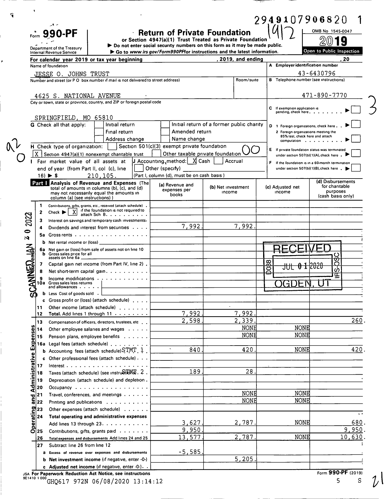 Image of first page of 2019 Form 990PF for Jesse O Johns Trust 30515004361