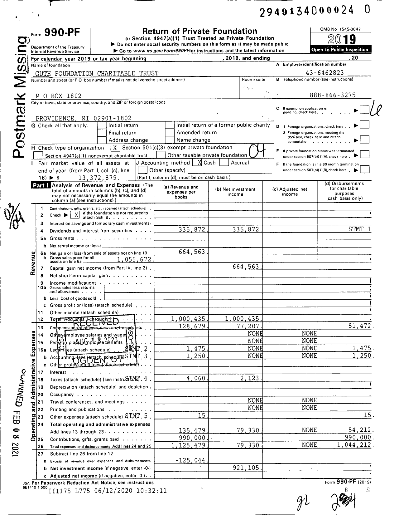 Image of first page of 2019 Form 990PF for Guth Foundation Charitable Trust