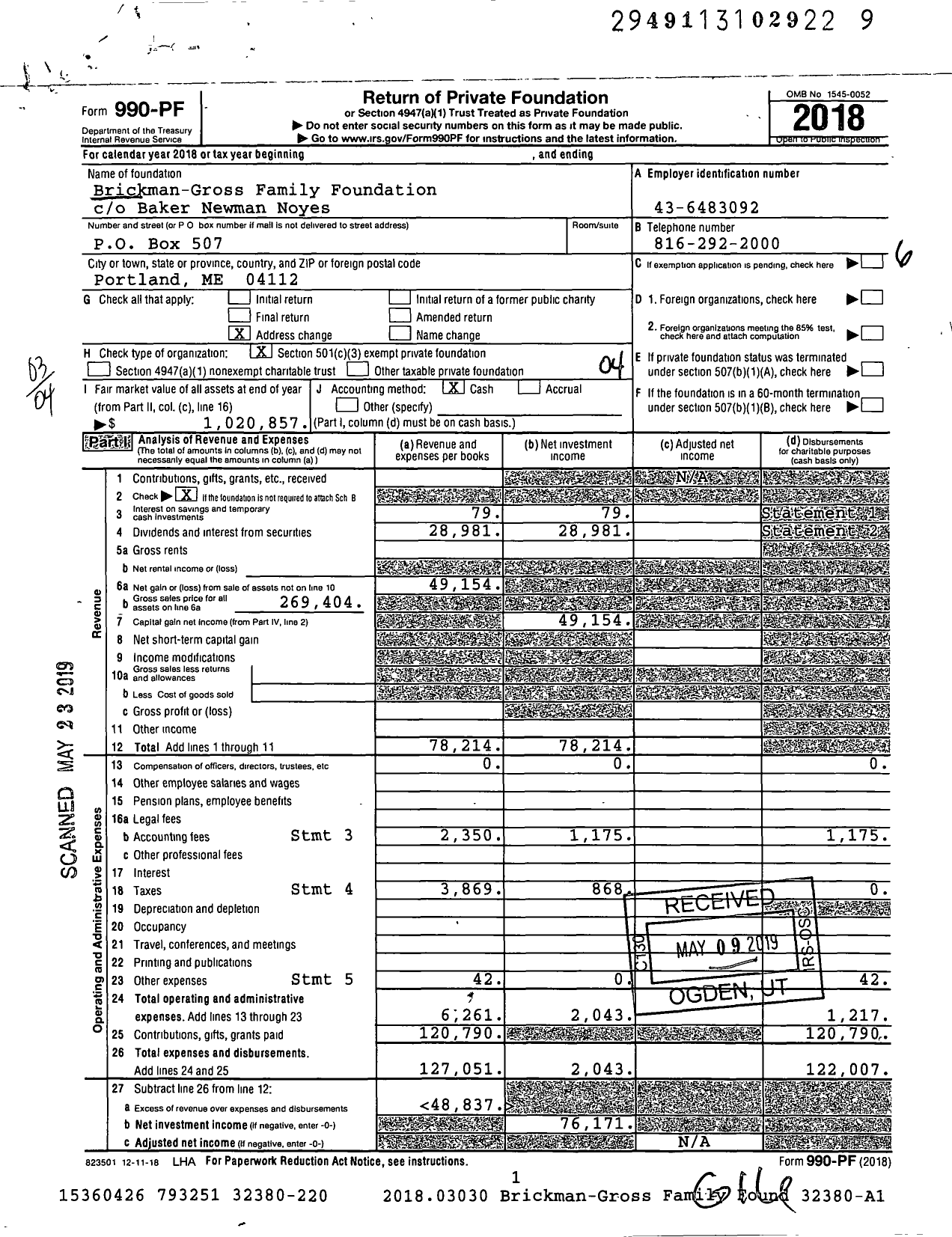 Image of first page of 2018 Form 990PF for Brickman-Gross Family Foundation