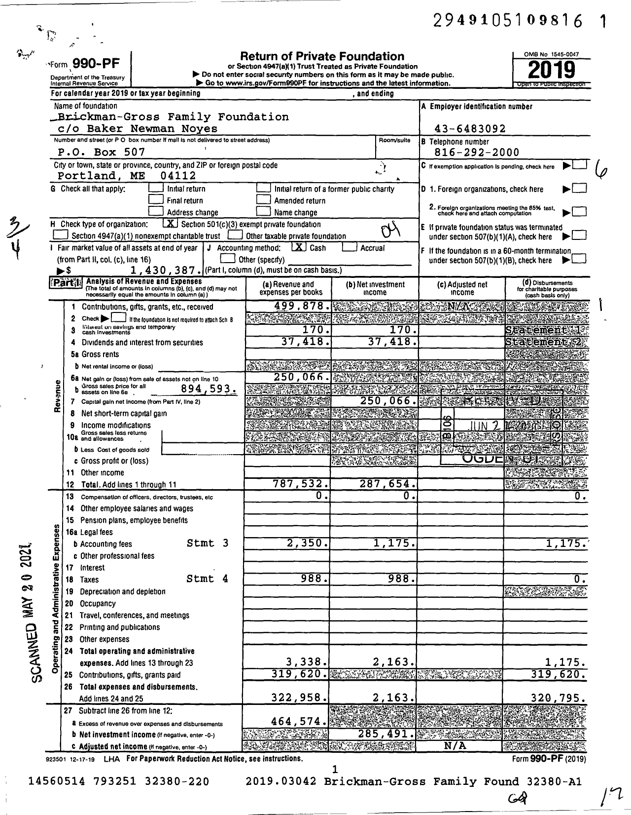 Image of first page of 2019 Form 990PF for Brickman-Gross Family Foundation