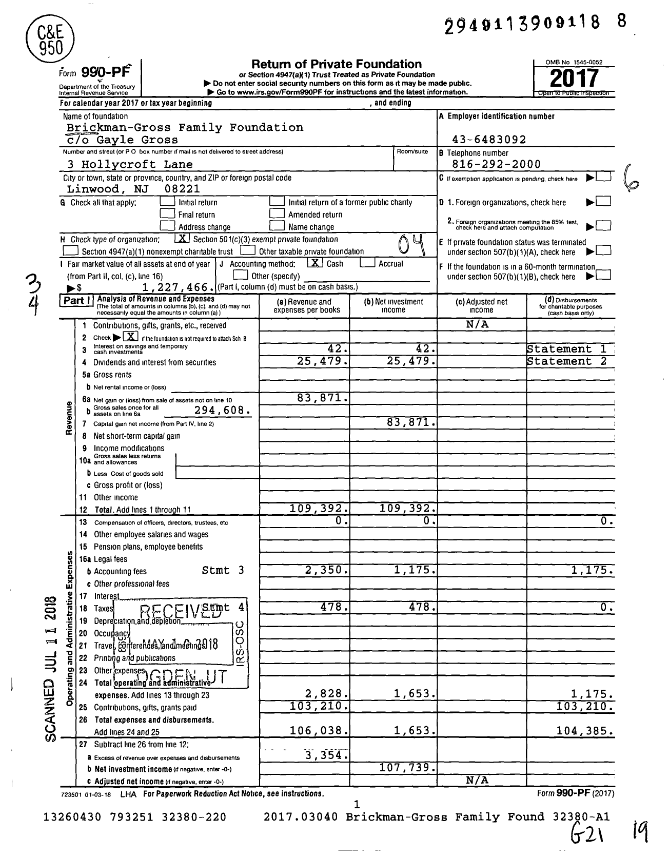 Image of first page of 2017 Form 990PF for Brickman-Gross Family Foundation