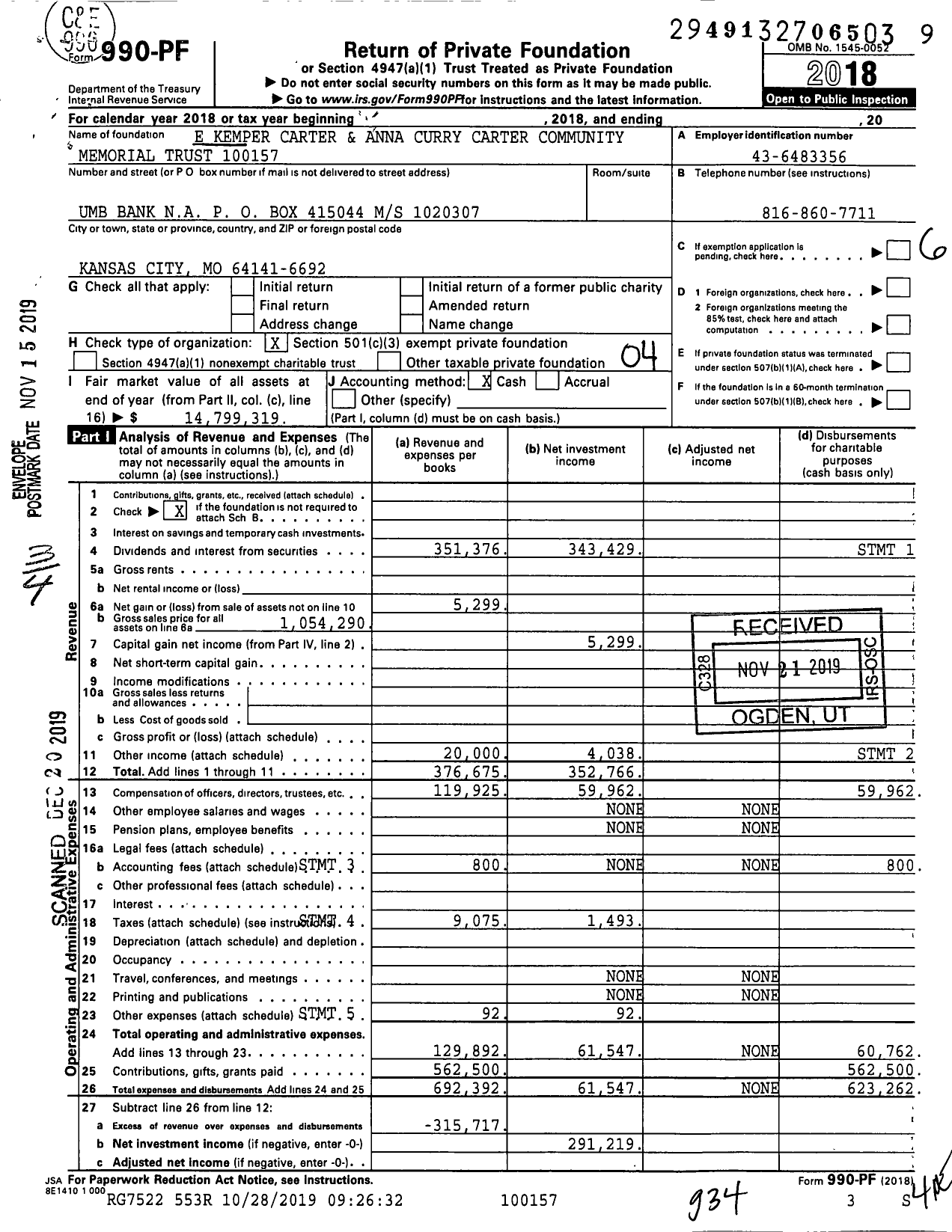 Image of first page of 2018 Form 990PF for E Kemper Carter and Anna Curry Carter Community