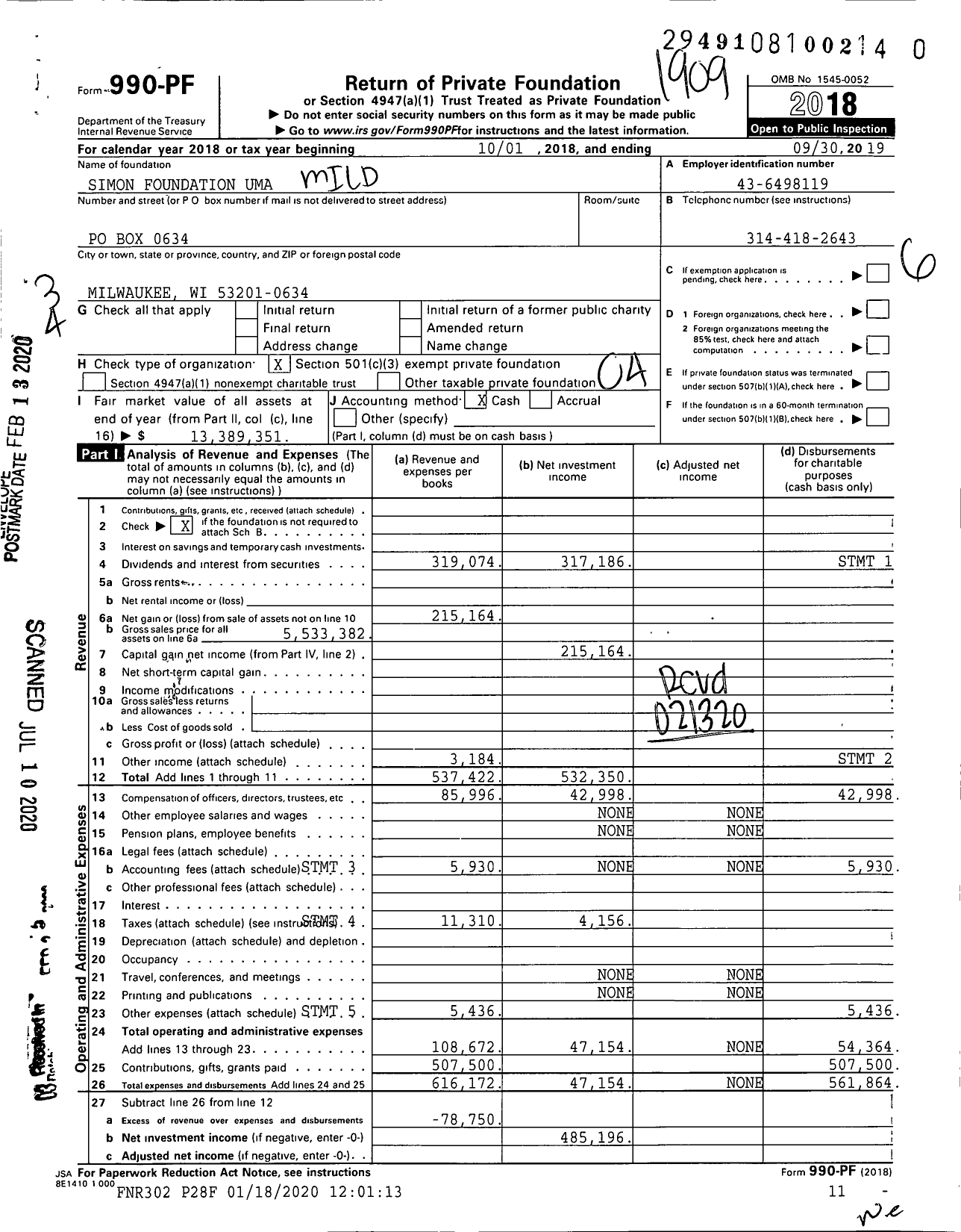Image of first page of 2018 Form 990PR for Mildred Herbert and Julian Simon Foundation