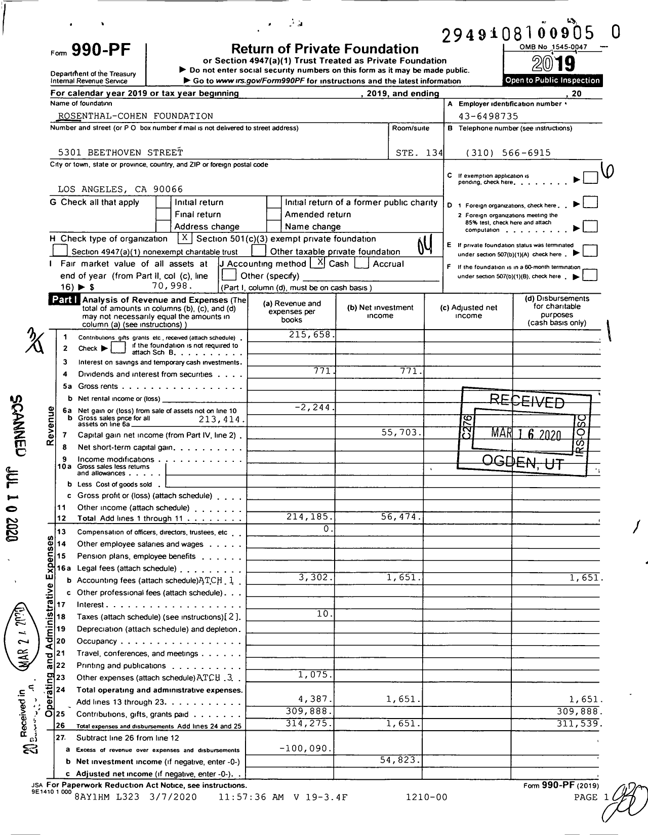 Image of first page of 2019 Form 990PR for Rosenthal-Cohen Foundation