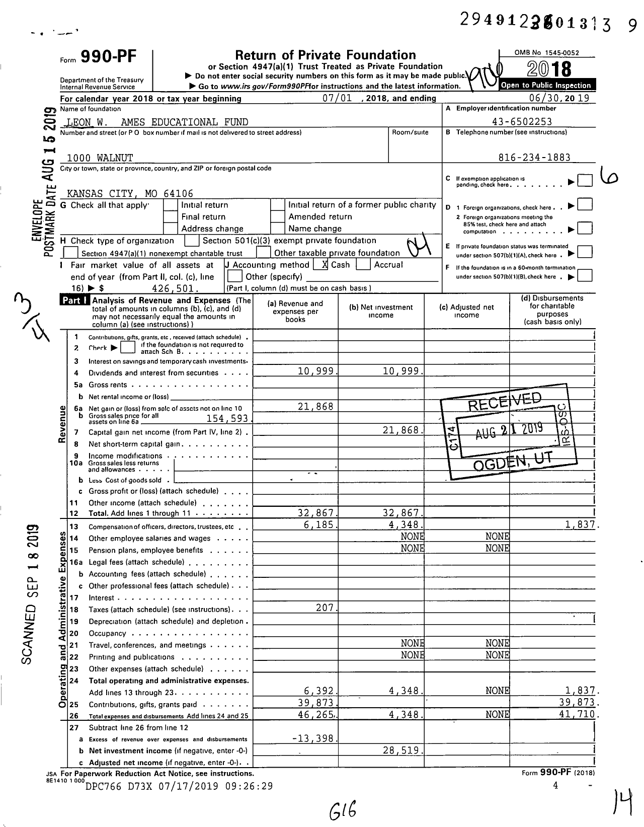 Image of first page of 2018 Form 990PF for Leon W Ames Educational Fund