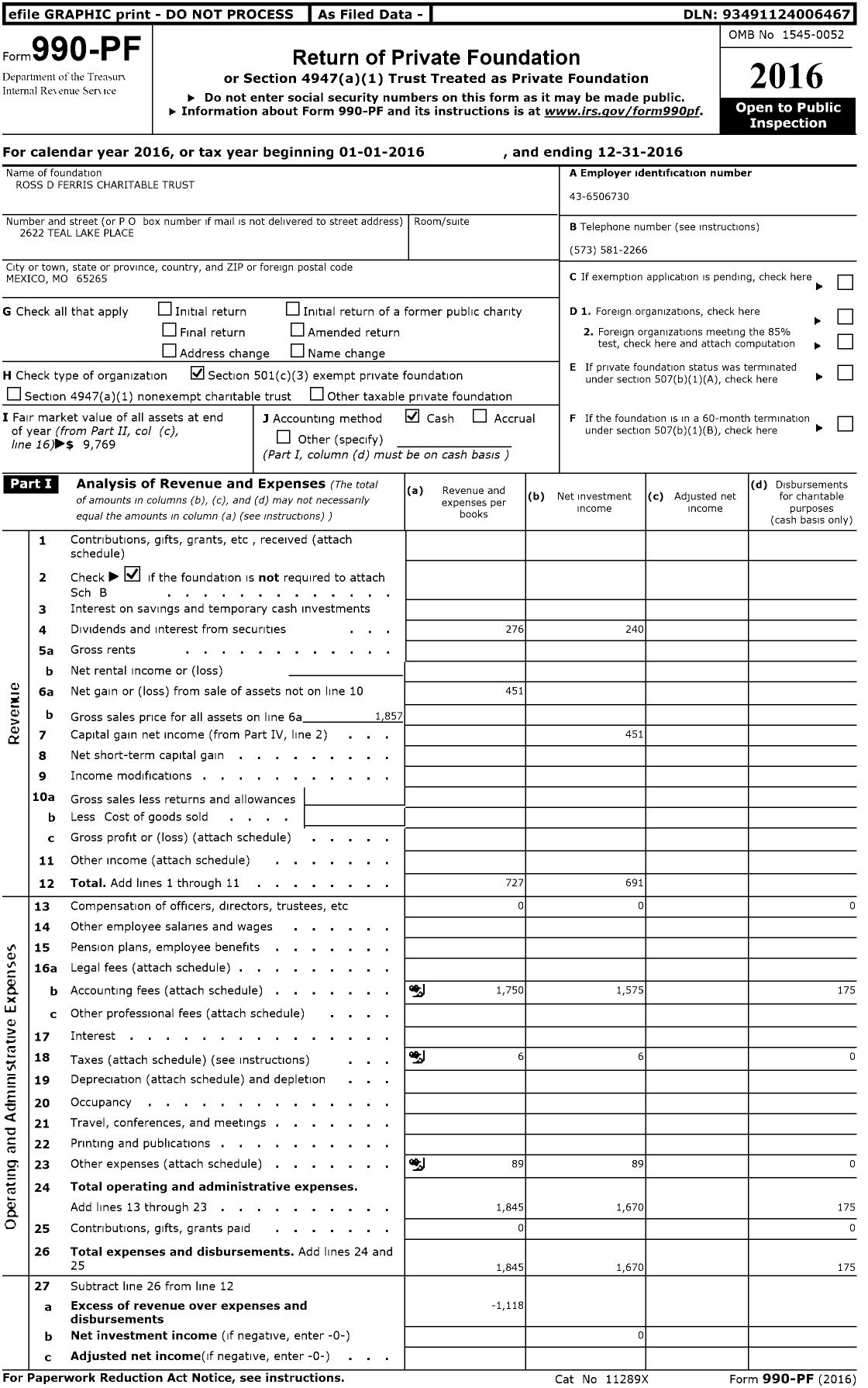 Image of first page of 2016 Form 990PF for Ross D Ferris Charitable Trust