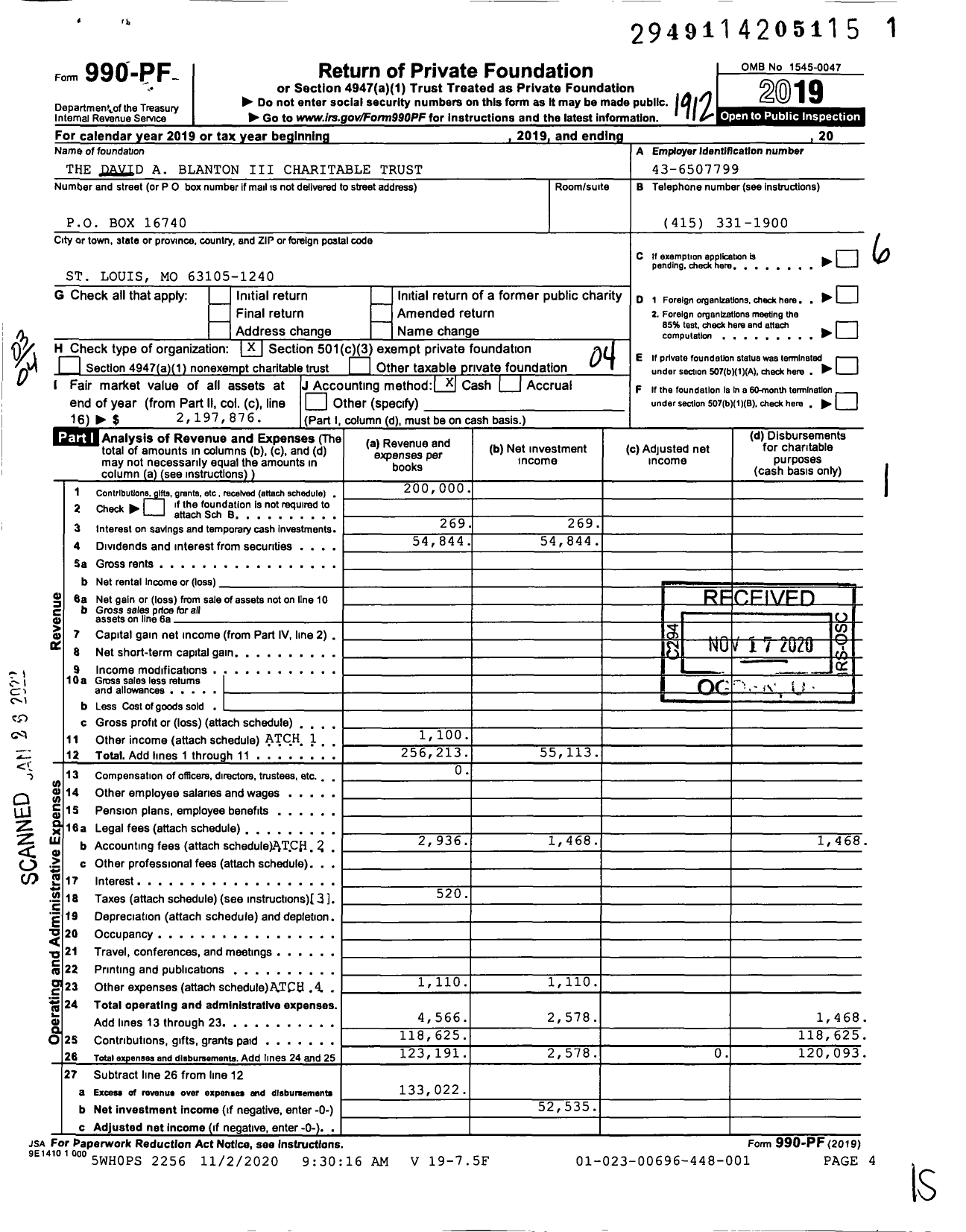 Image of first page of 2019 Form 990PF for The David A Blanton III Charitable Trust