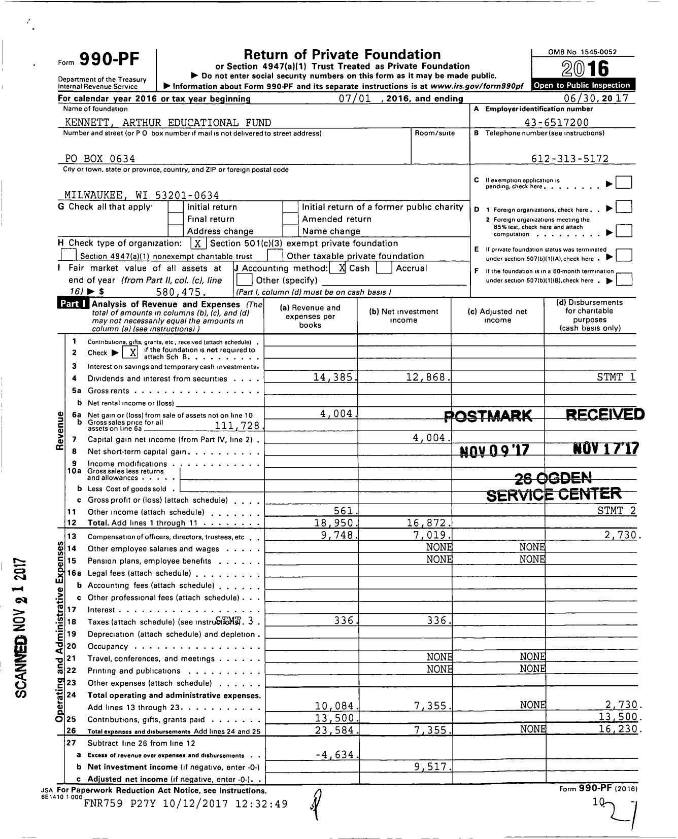 Image of first page of 2016 Form 990PF for Kennett Arthur Educational Fund
