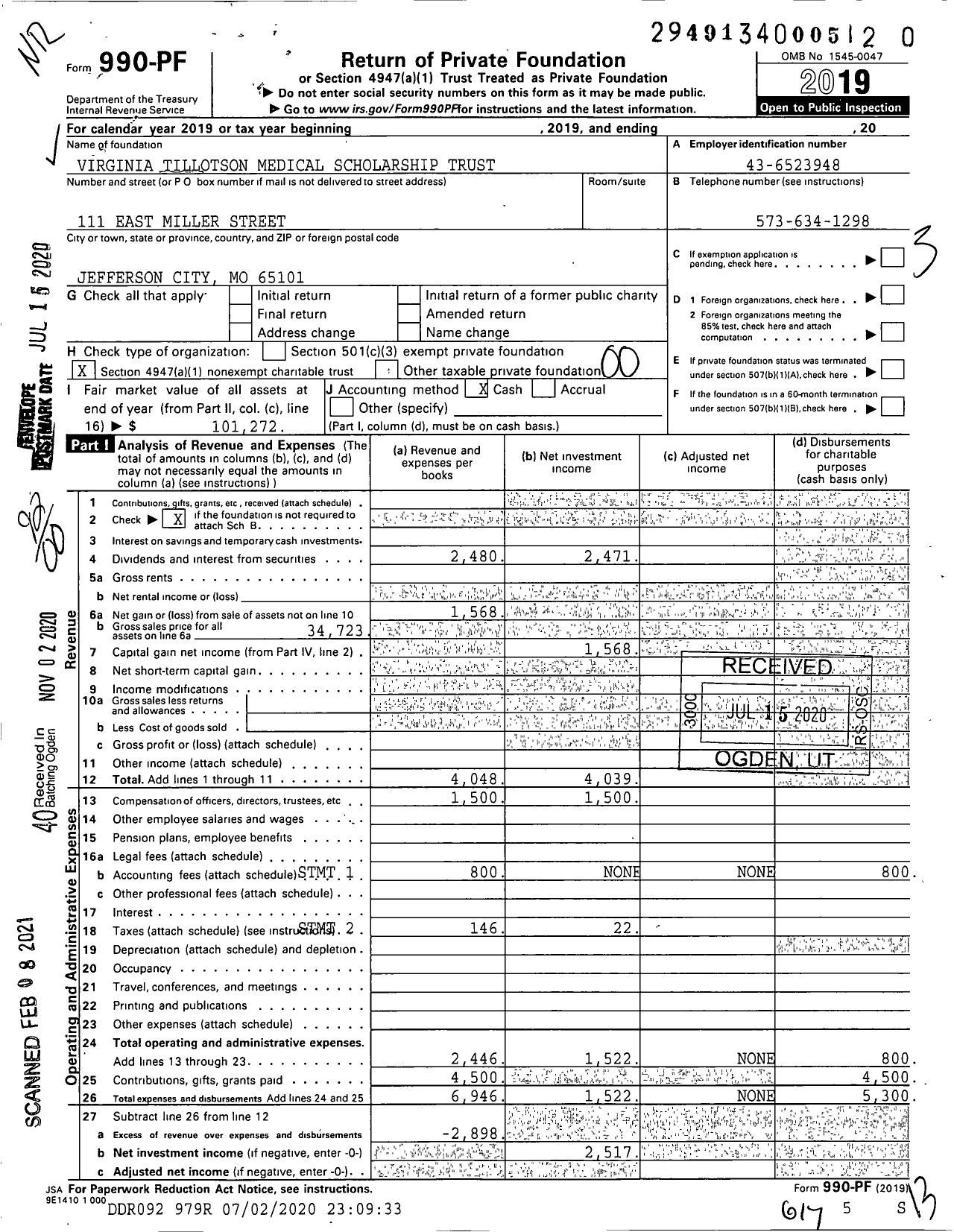 Image of first page of 2019 Form 990PF for Virginia Tillotson Medical Scholarship Trust