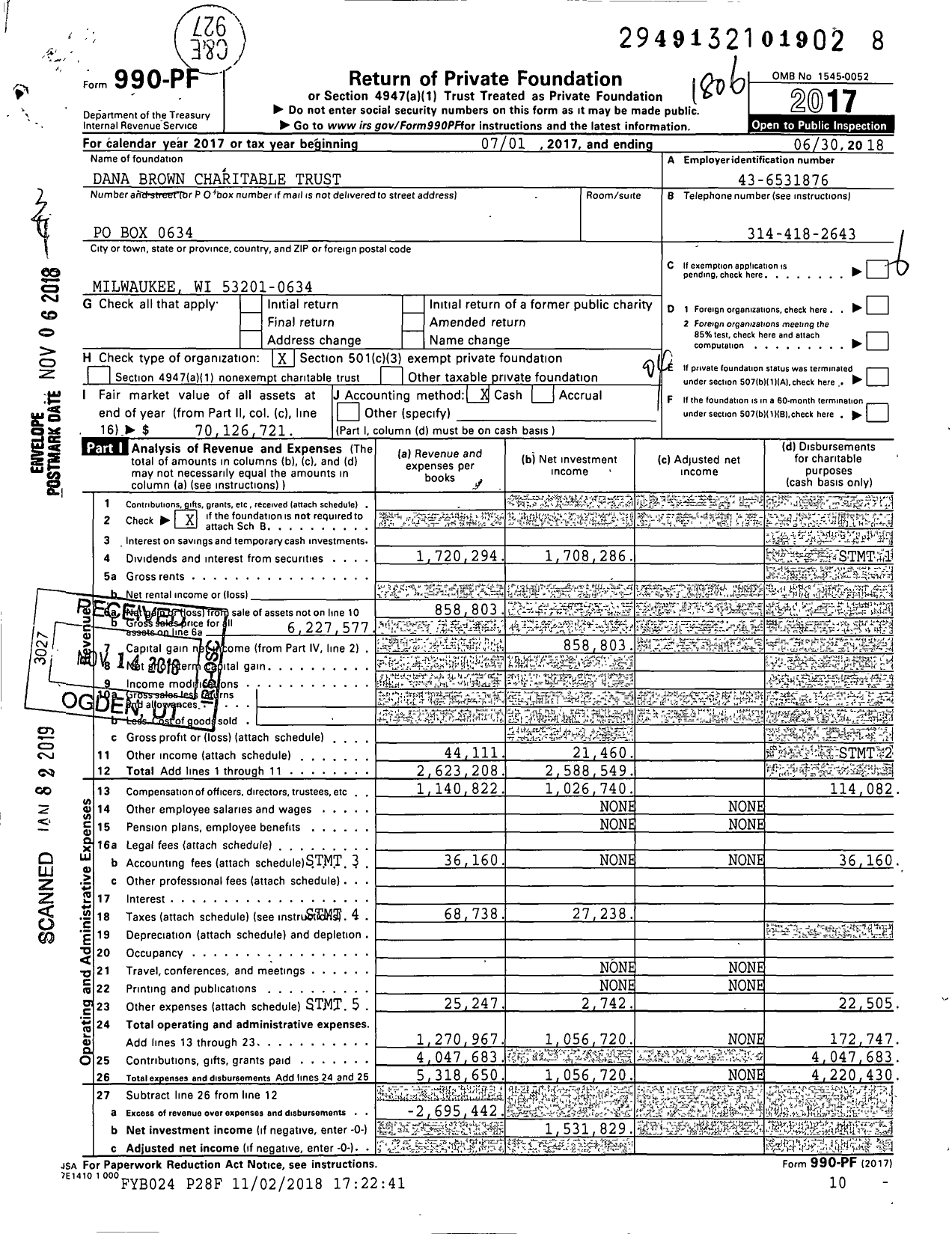 Image of first page of 2017 Form 990PF for Brown Dana Charitable Trust