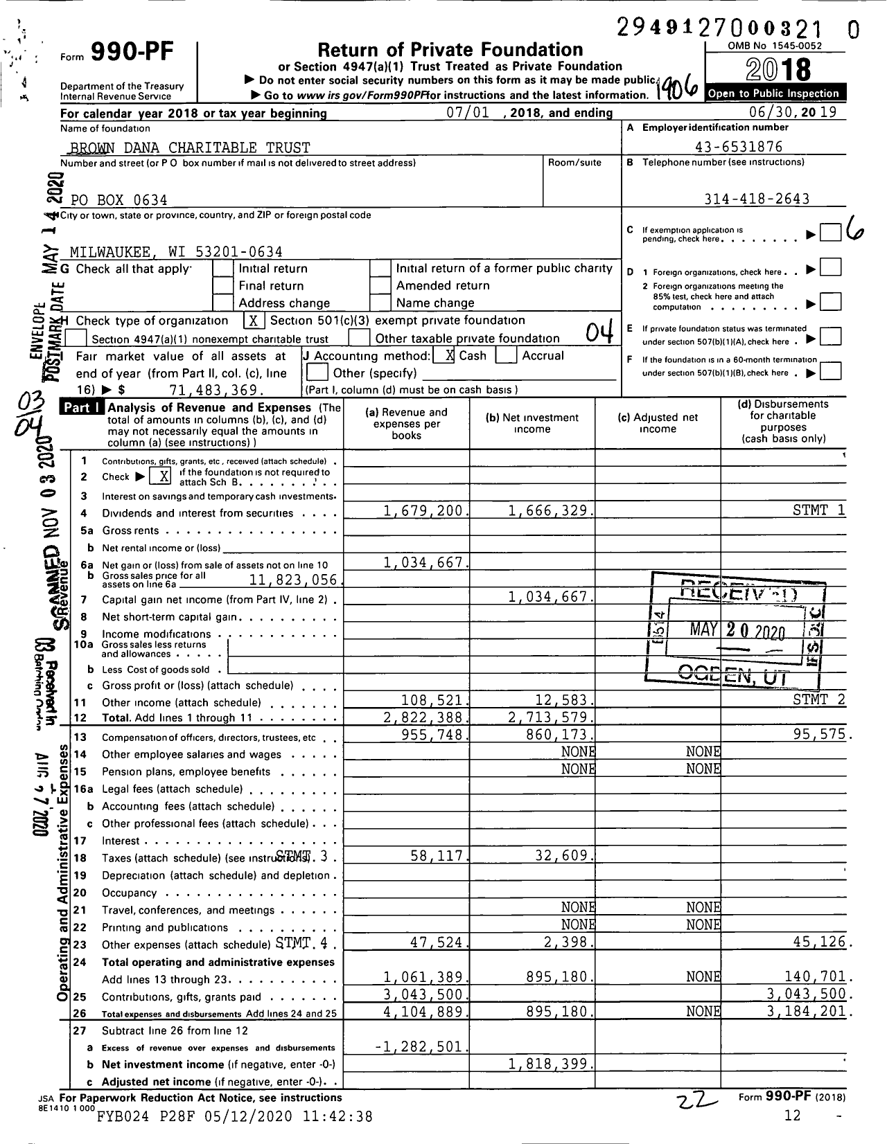 Image of first page of 2018 Form 990PF for Brown Dana Charitable Trust