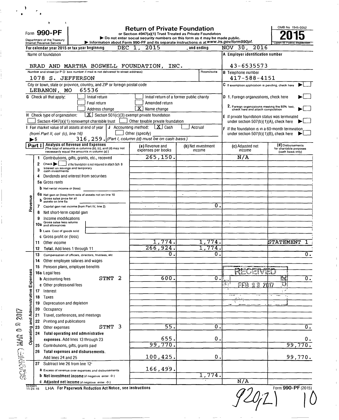 Image of first page of 2015 Form 990PF for Brad and Martha Boswell Foundation