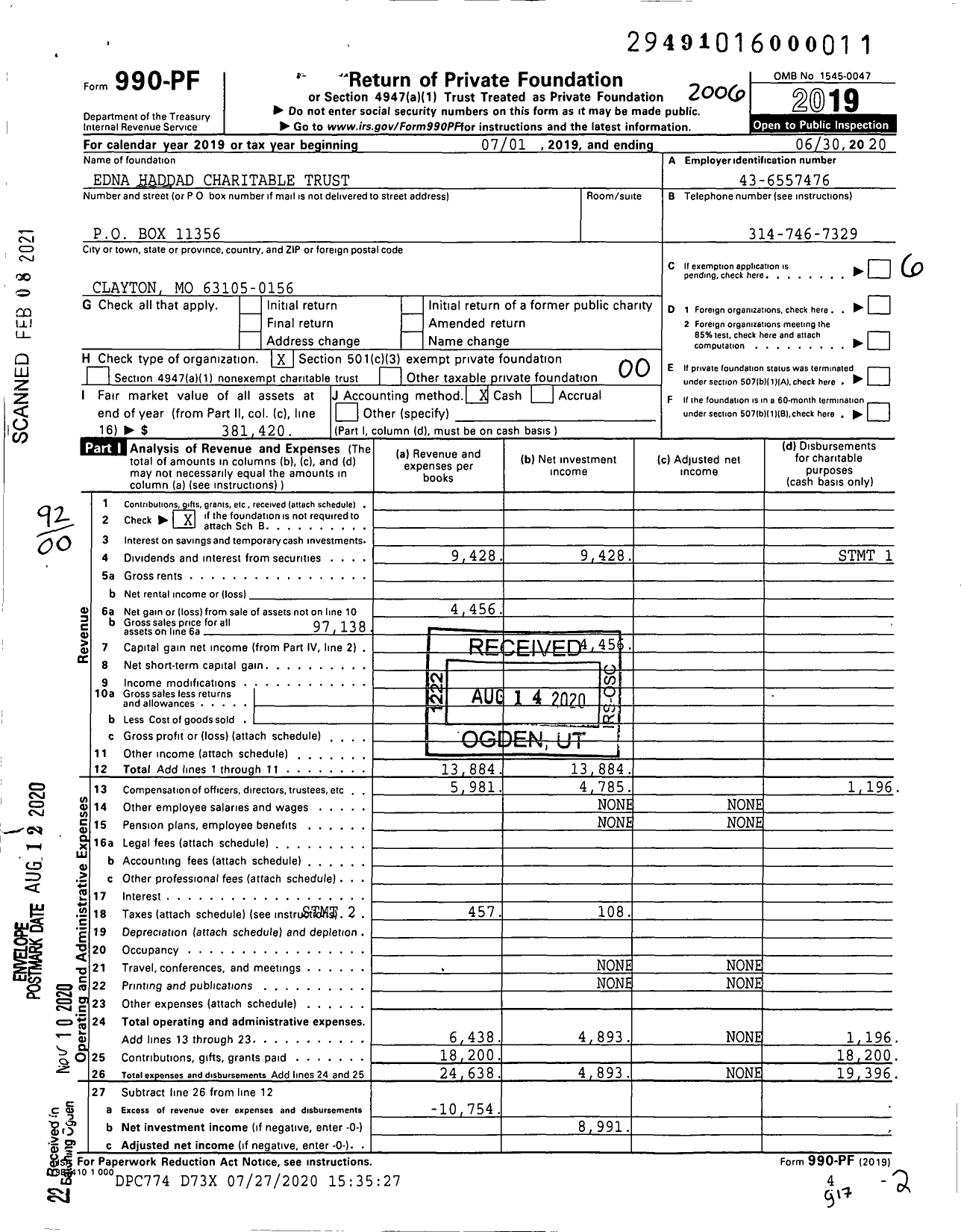 Image of first page of 2019 Form 990PF for Edna Haddad Charitable Trust