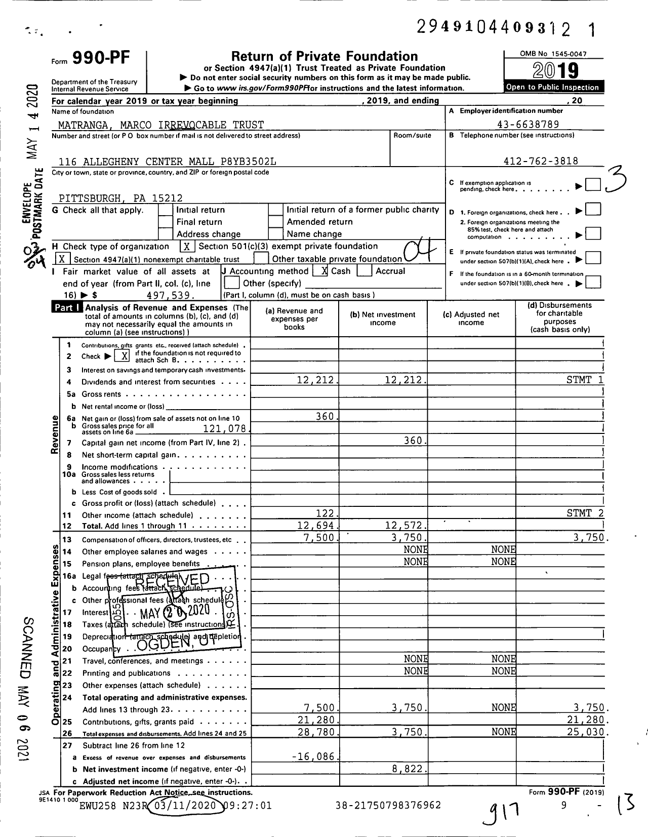 Image of first page of 2019 Form 990PF for Matranga Marco Irrevocable Trust