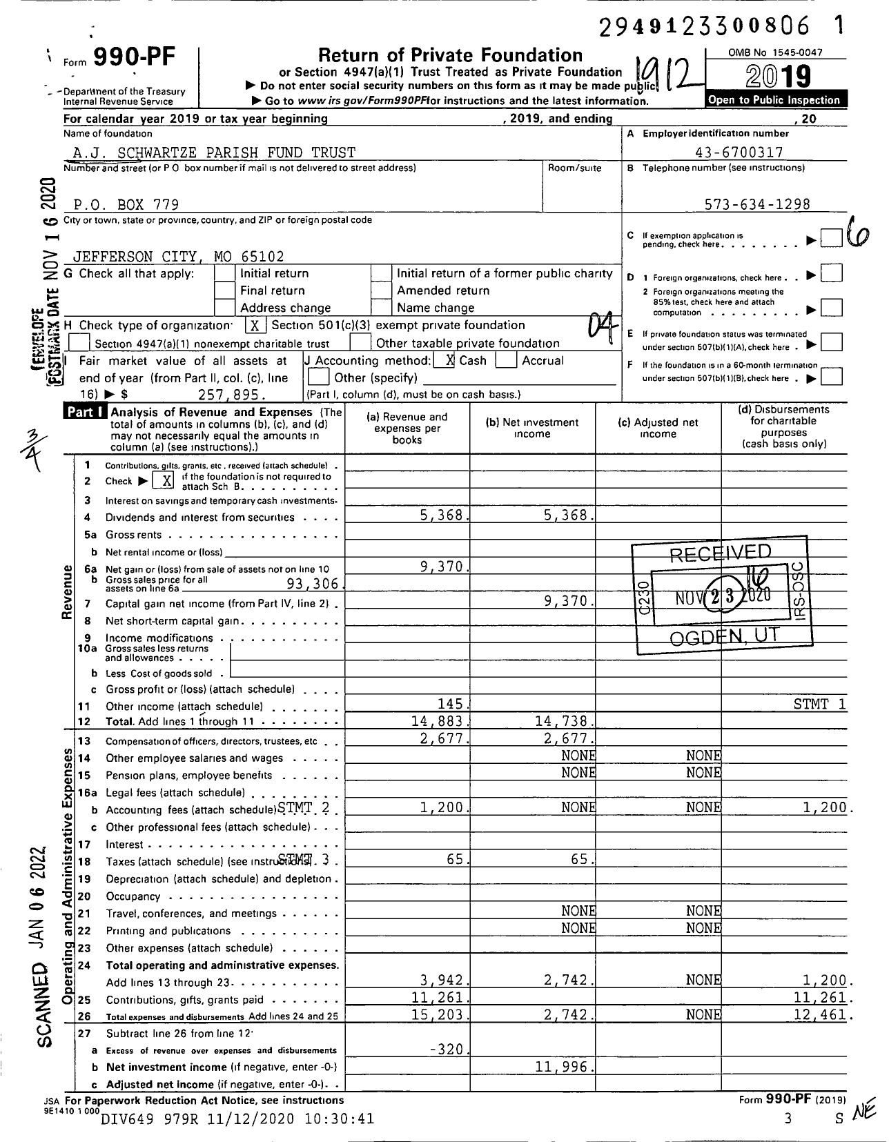 Image of first page of 2019 Form 990PF for Aj Schwartze Parish Fund Trust