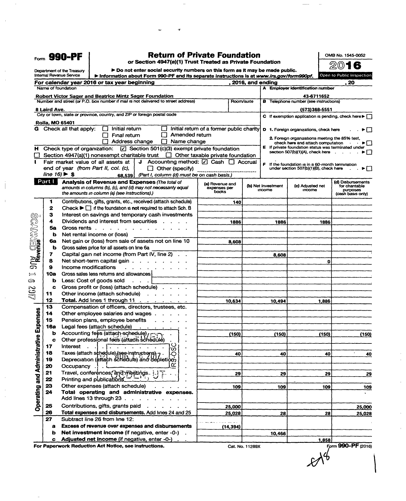 Image of first page of 2016 Form 990PF for Robert Victor Sager and Beatrice Mintz Sager Foundation