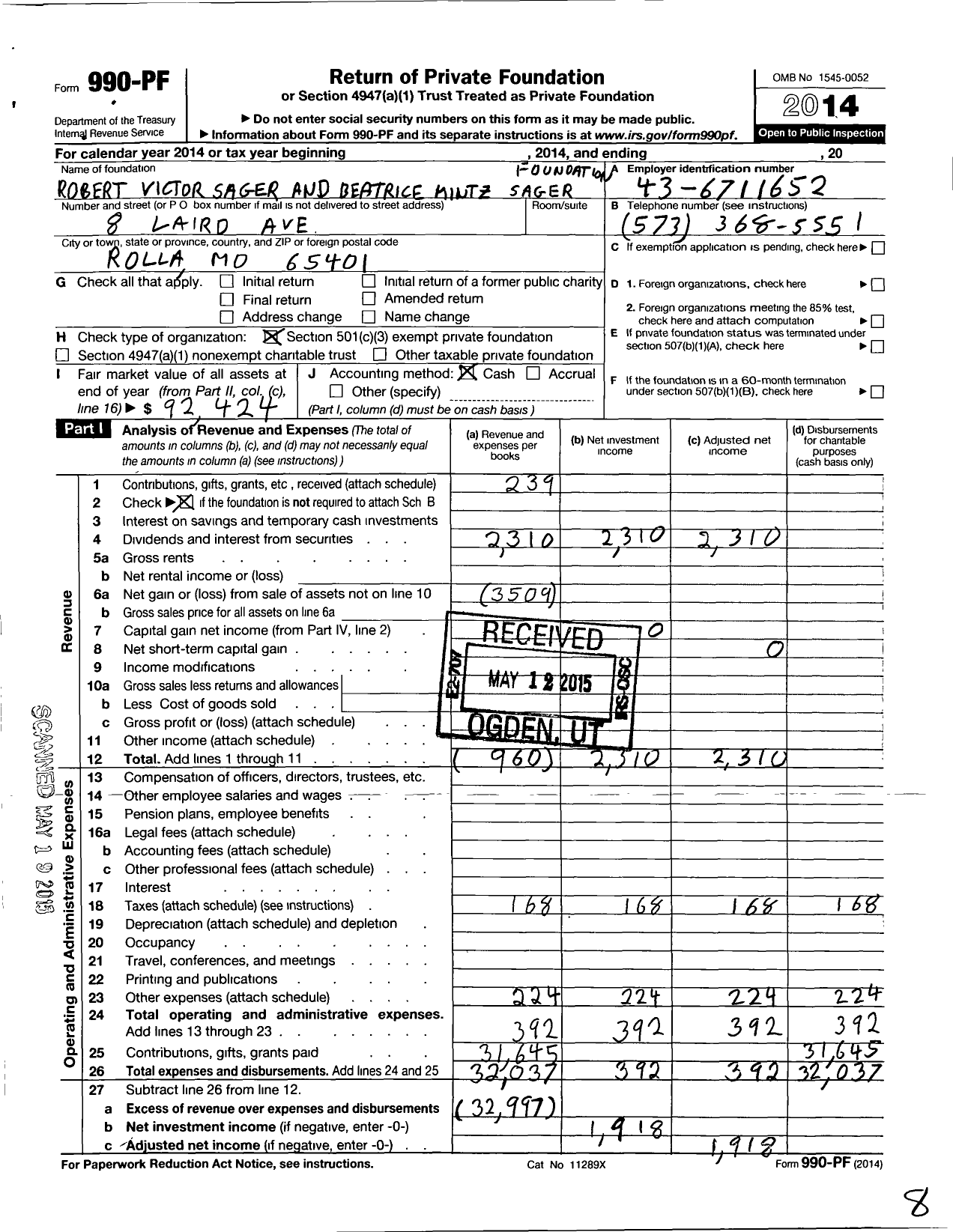 Image of first page of 2014 Form 990PF for Robert Victor Sager and Beatrice Mintz Sager Foundation