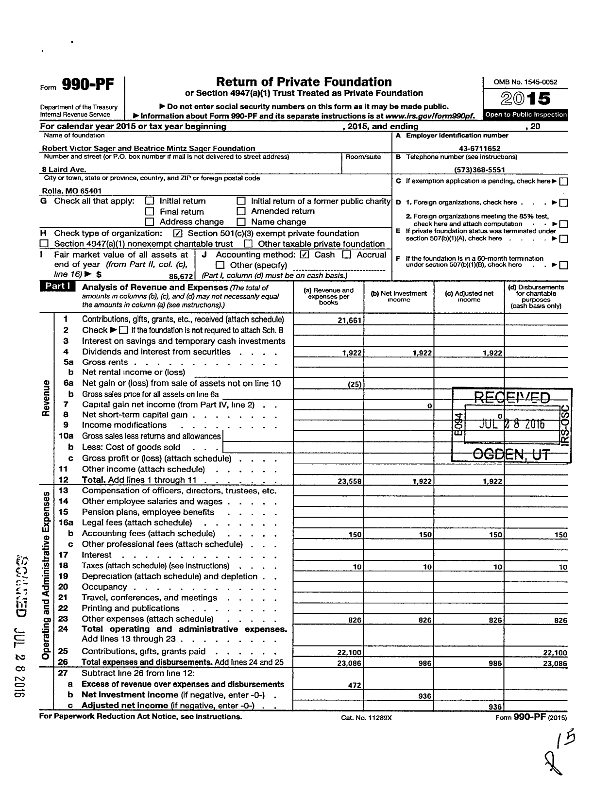 Image of first page of 2015 Form 990PF for Robert Victor Sager and Beatrice Mintz Sager Foundation