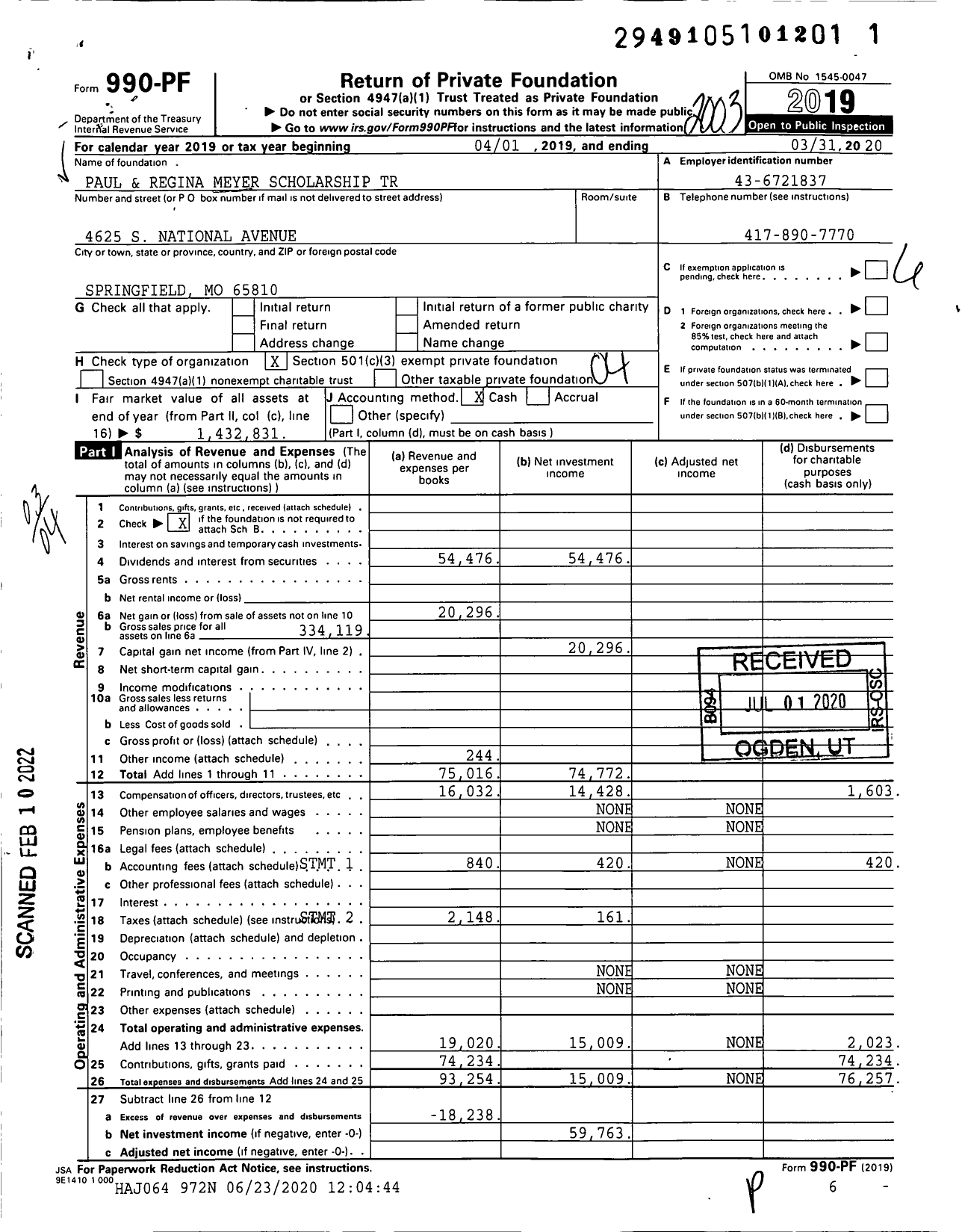 Image of first page of 2019 Form 990PF for Paul and Regina Meyer Scholarship Trust