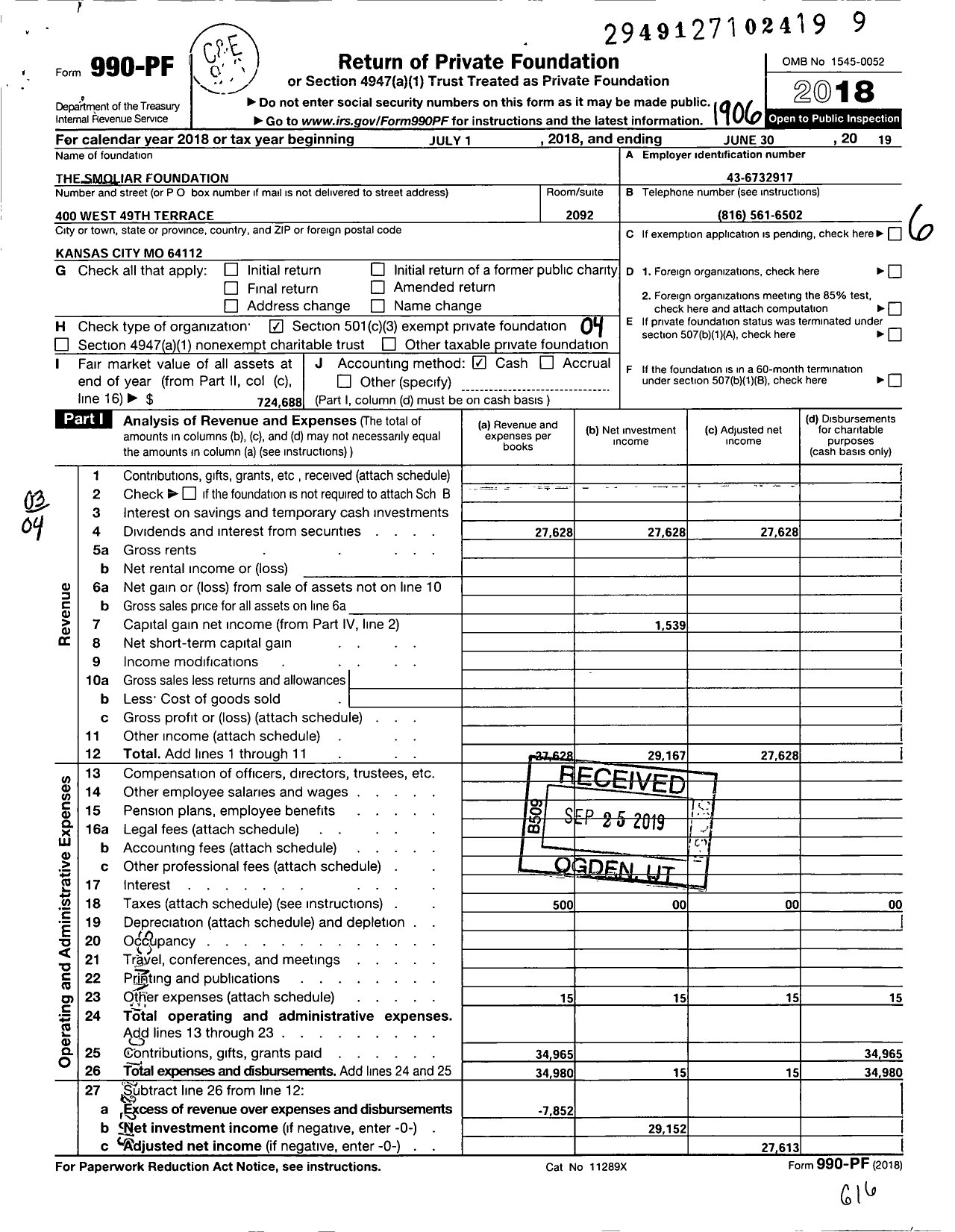 Image of first page of 2018 Form 990PF for The Smoliar Foundation