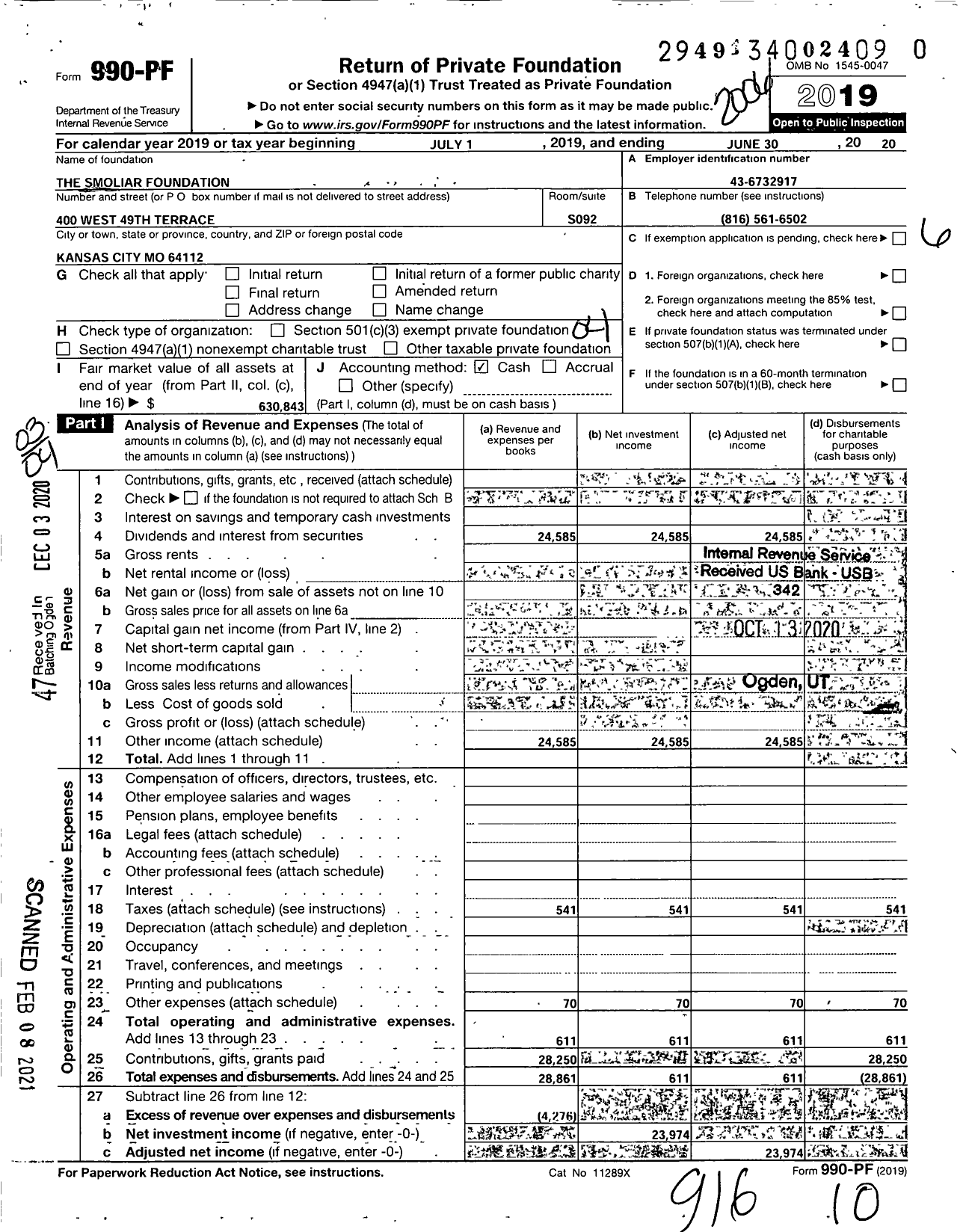 Image of first page of 2019 Form 990PF for The Smoliar Foundation