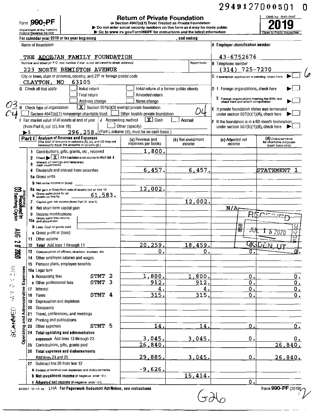 Image of first page of 2019 Form 990PF for The Adorjan Family Foundation