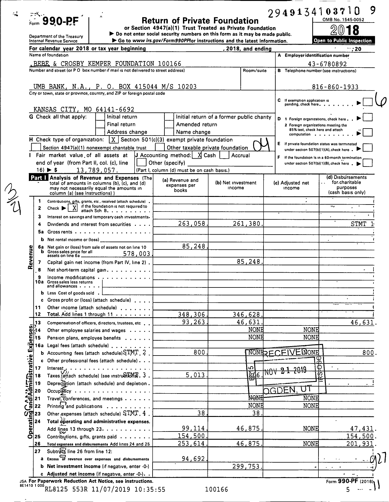 Image of first page of 2018 Form 990PF for Bebe and Crosby Kemper Foundation 10016600